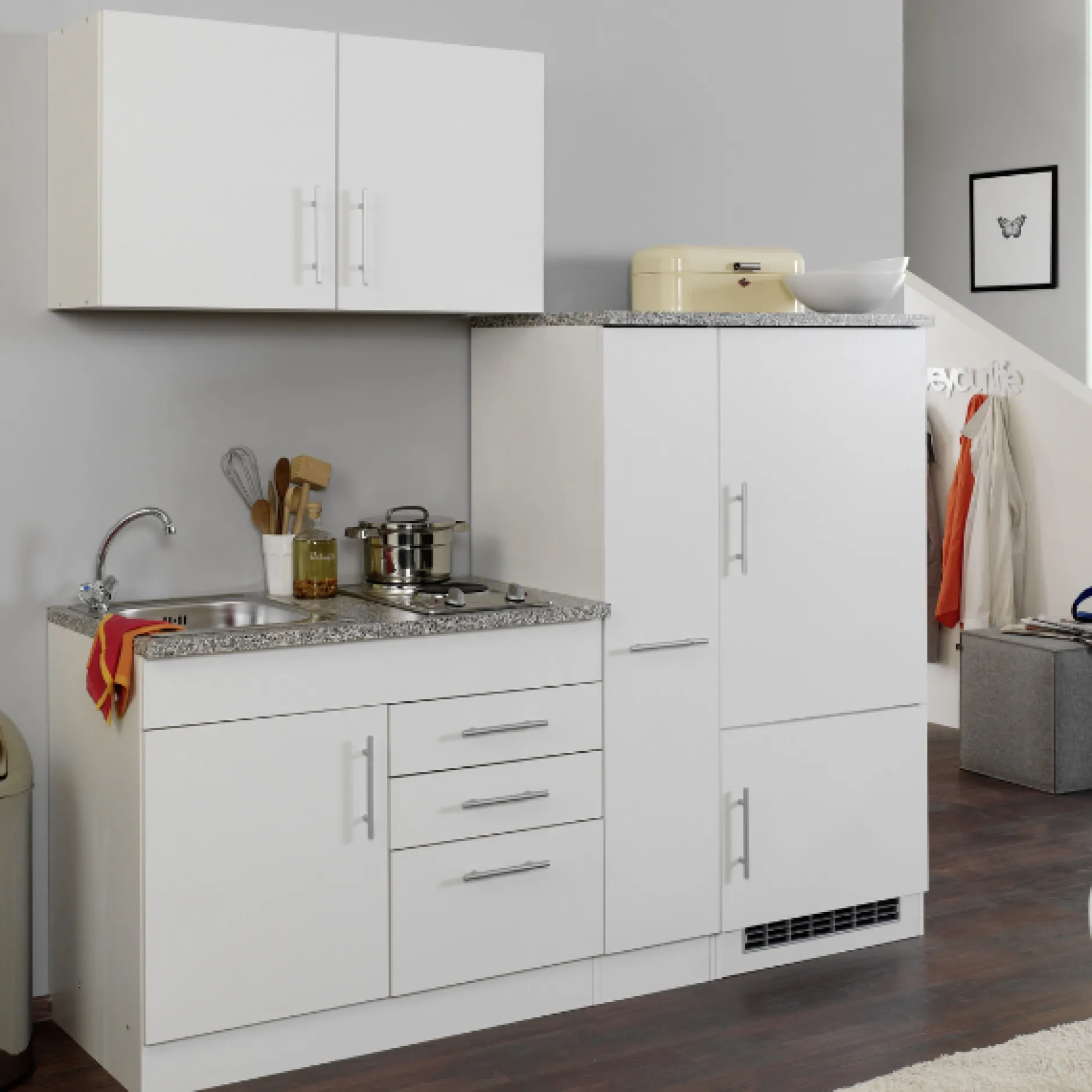 Küchenzeile Toto 190cm mit Kochfeld und Kühlschrank - weiß/marmoriert
