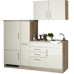 Küchenzeile Toto 190cm mit Kochfeld und Kühlschrank - Hochglanz creme