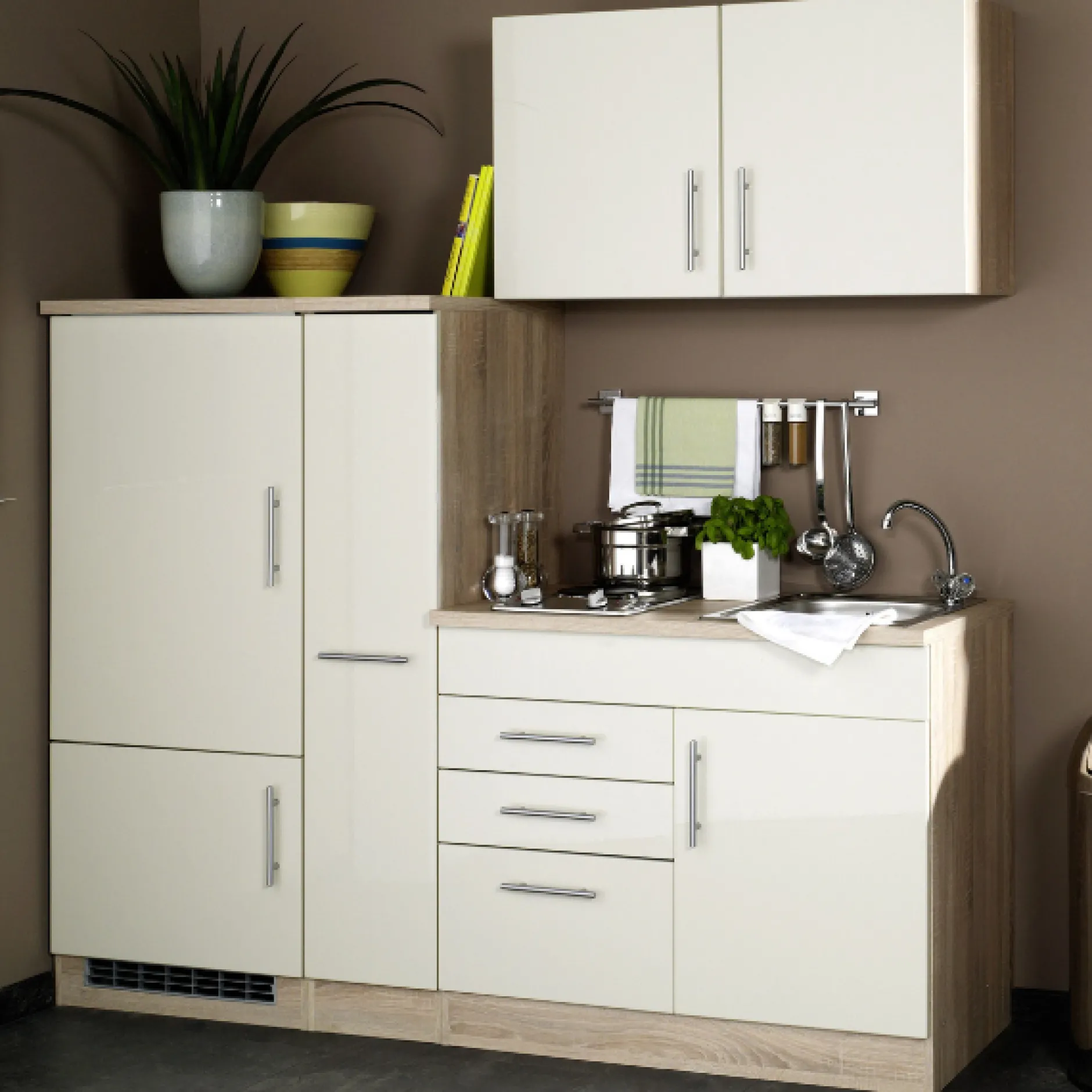Küchenzeile Toto 190cm mit Kochfeld und Kühlschrank - Hochglanz creme