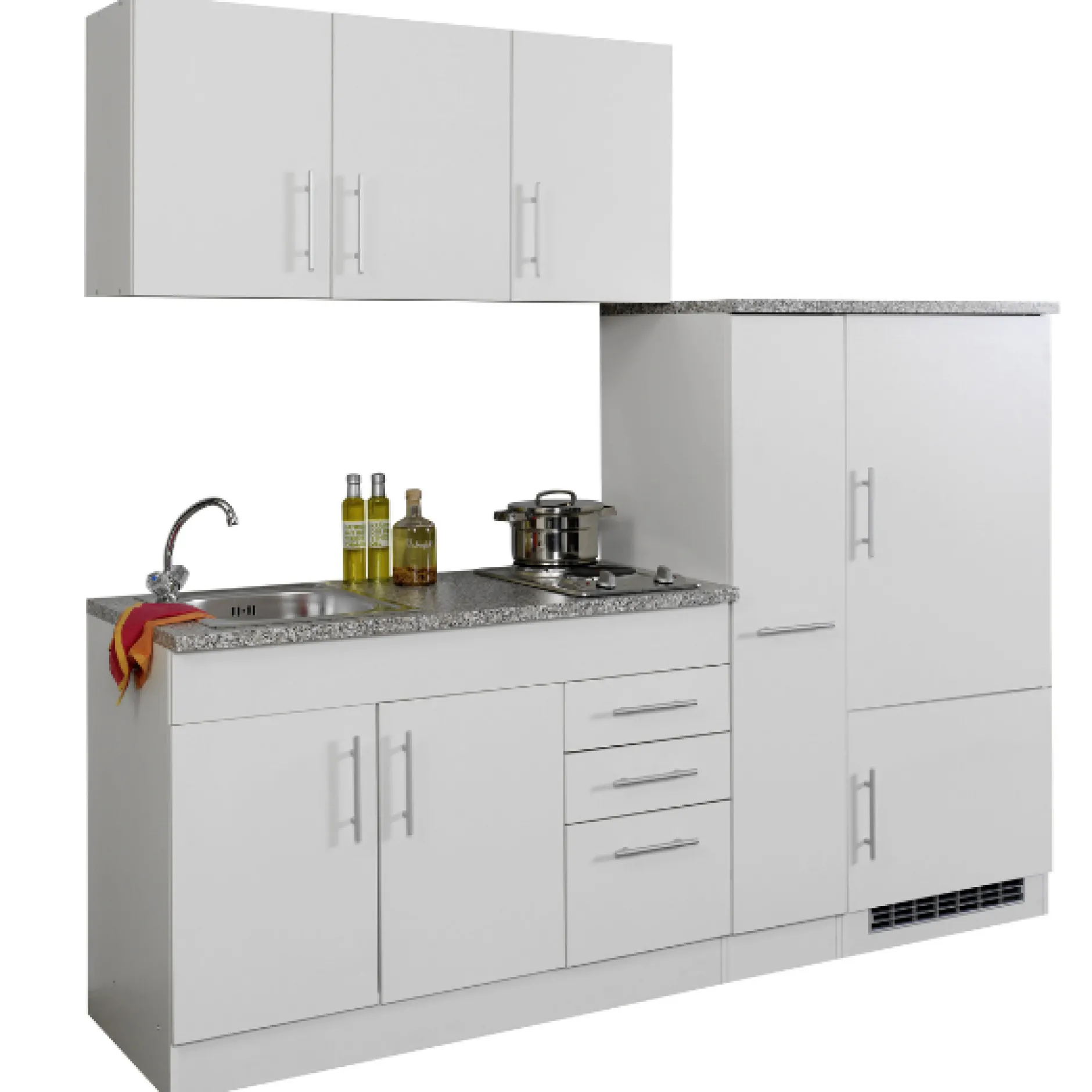 Küchenzeile Toto 210cm mit Kochfeld und Kühlschrank - weiß/marmoriert
