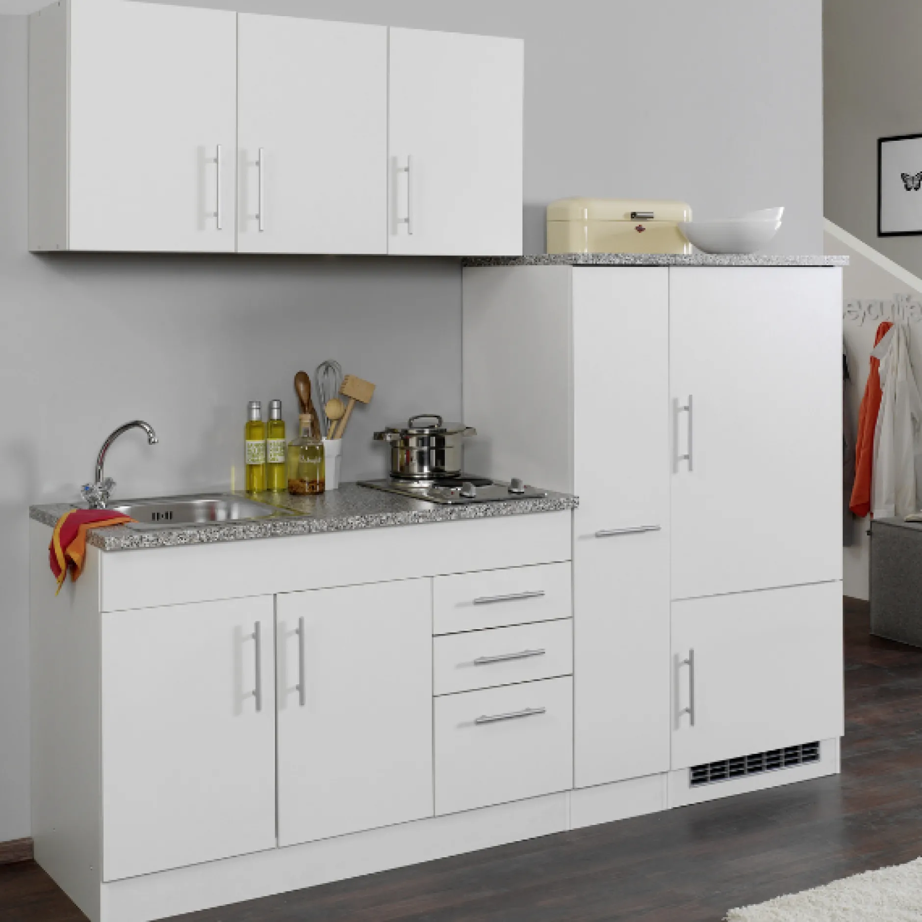 Küchenzeile Toto 210cm mit Kochfeld und Kühlschrank - weiß/marmoriert