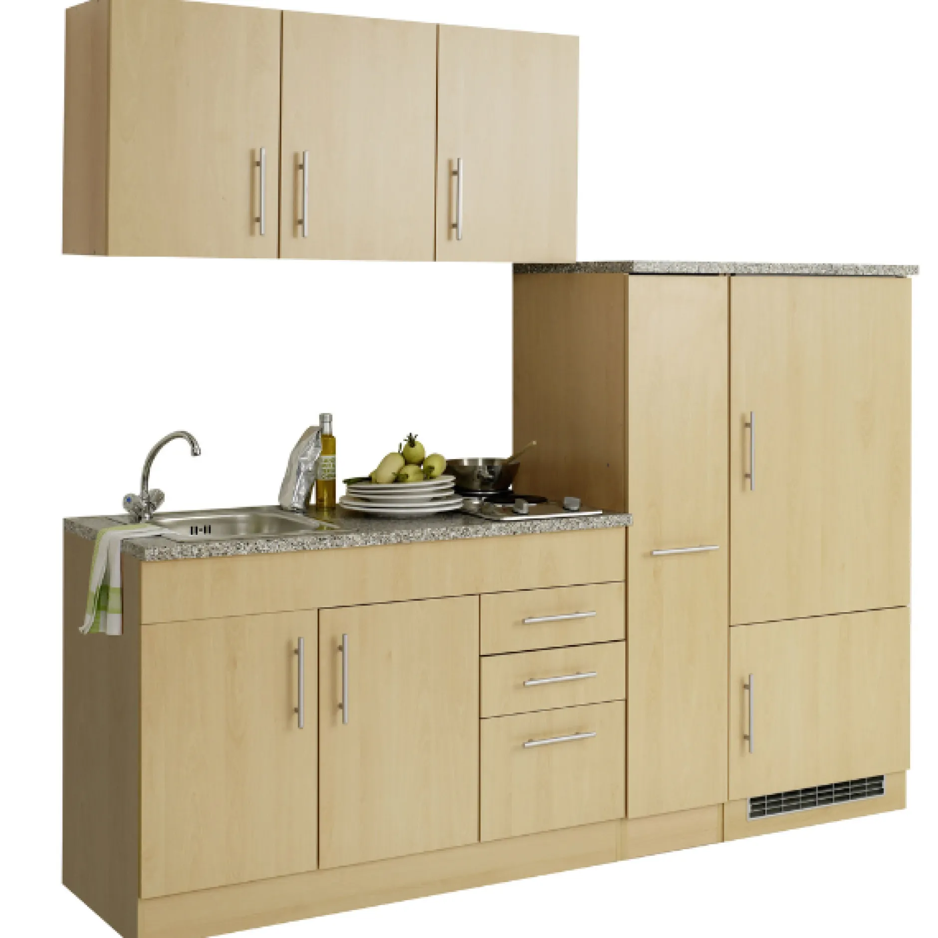 Küchenzeile Toto 210cm mit Kochfeld und Kühlschrank - Buche/Marmor