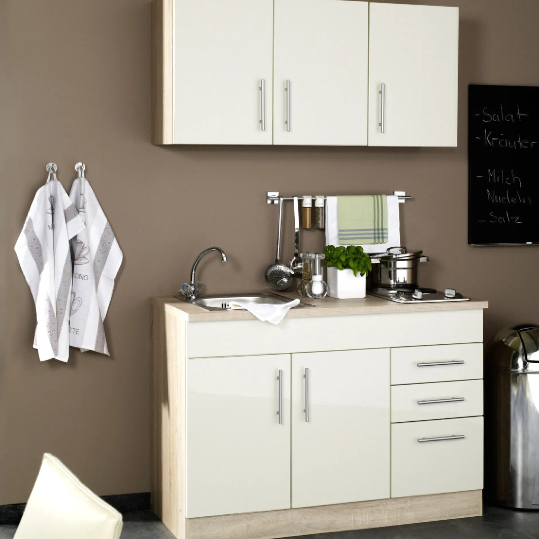 Küchenzeile Toto 120cm mit Kochfeld - Hochglanz creme