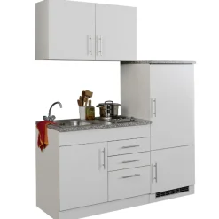 Küchenzeile Toto 160cm mit Kochfeld und Kühlschrank - weiß/marmoriert