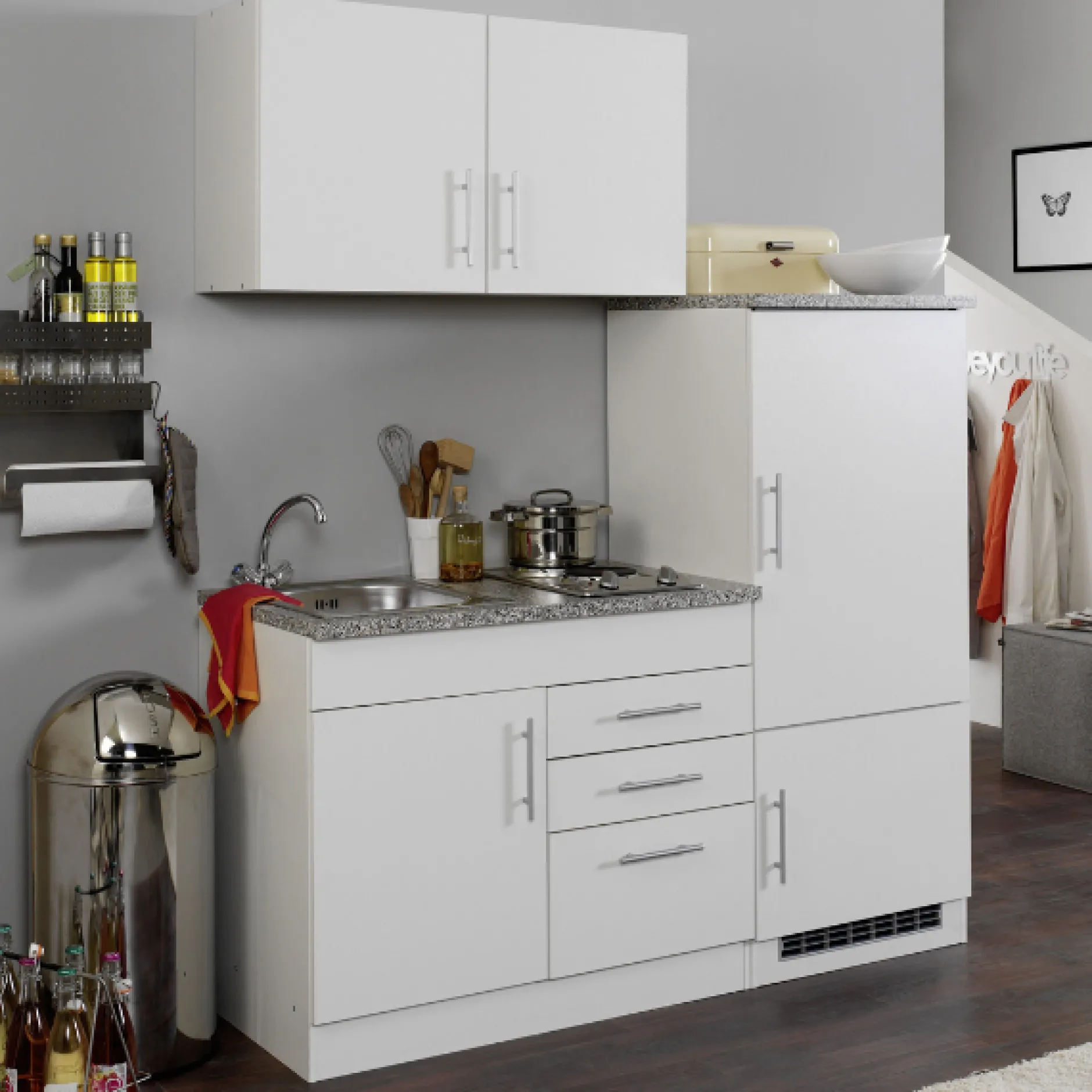Küchenzeile Toto 160cm mit Kochfeld und Kühlschrank - weiß/marmoriert