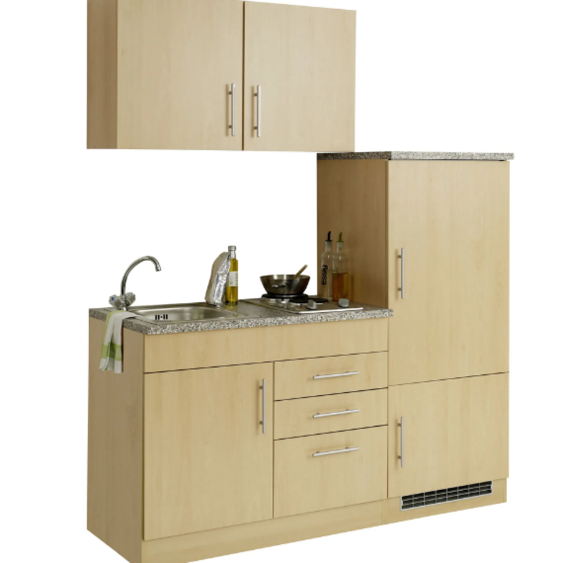 Küchenzeile Toto 160cm mit Kochfeld und Kühlschrank - Buche/Marmor