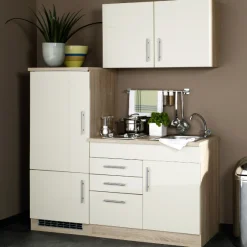 Küchenzeile Toto 160cm mit Kochfeld und Kühlschrank - Hochglanz creme