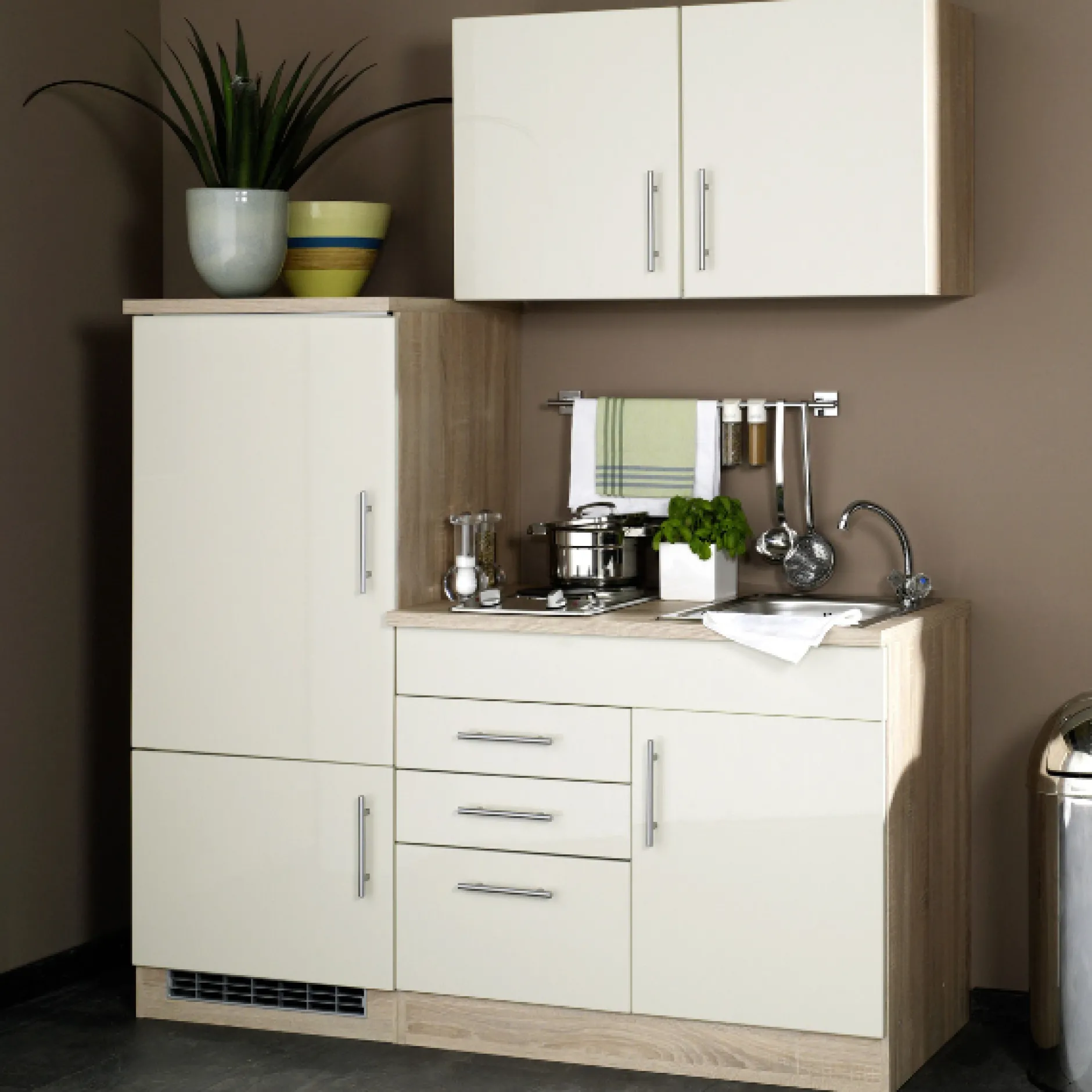 Küchenzeile Toto 160cm mit Kochfeld und Kühlschrank - Hochglanz creme