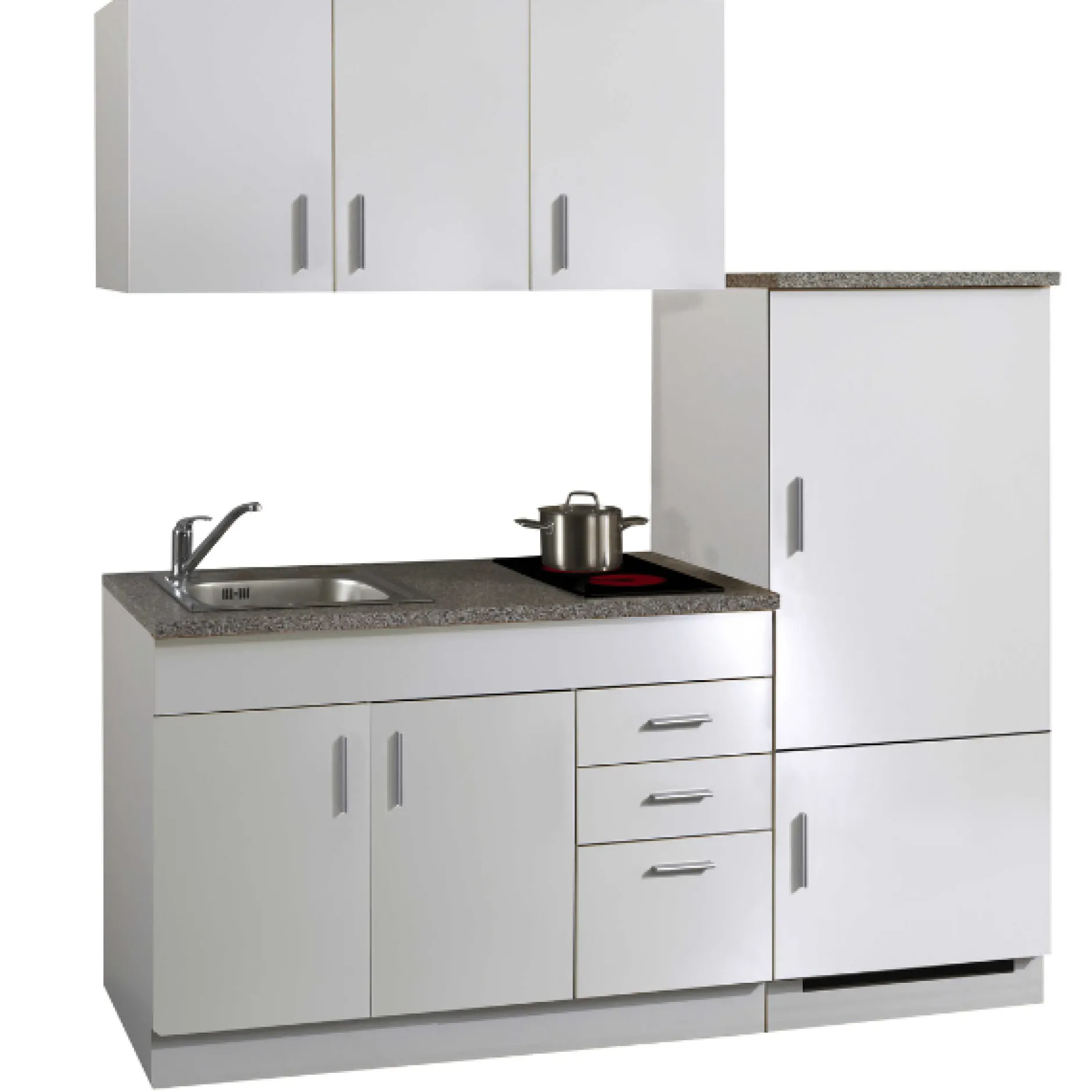 Küchenzeile Toto 180cm mit Kochfeld und Kühlschrank - weiß/marmoriert