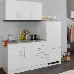 Küchenzeile Toto 180cm mit Kochfeld und Kühlschrank - weiß/marmoriert
