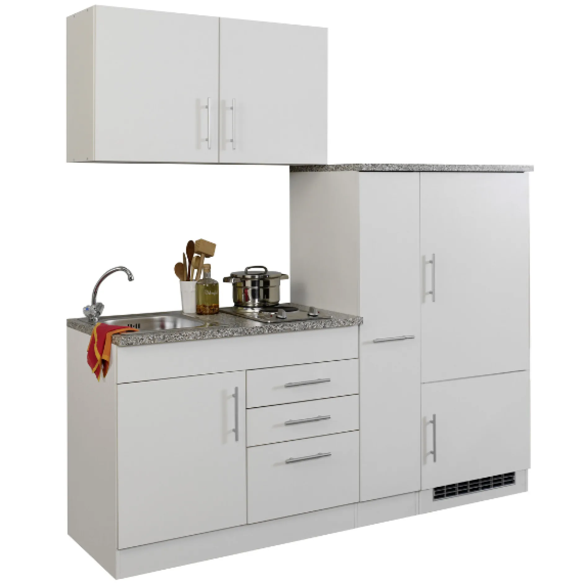 Küchenzeile Toto 190cm mit Kochfeld und Kühlschrank - weiß/marmoriert