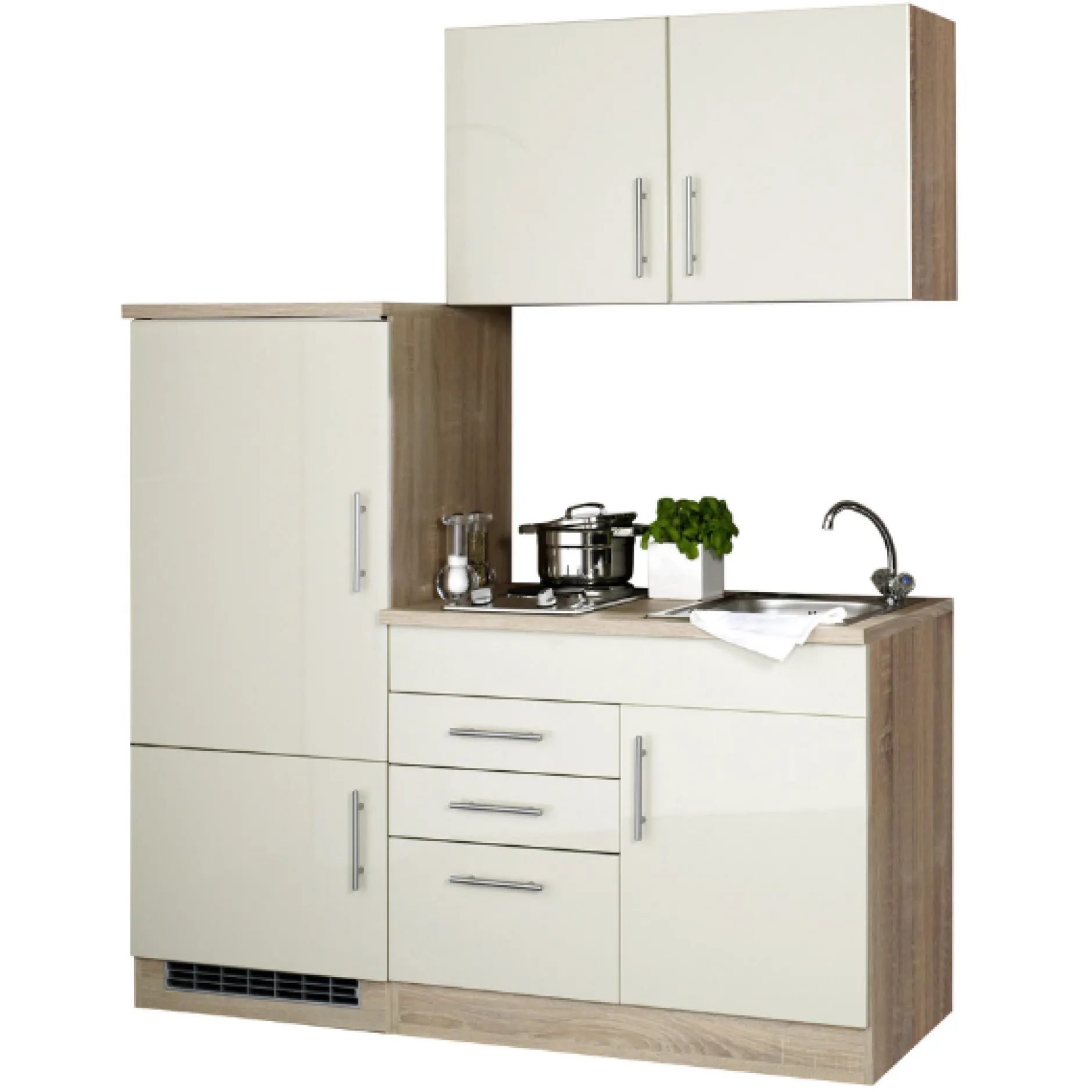 Küchenzeile Toto 160cm mit Kochfeld und Kühlschrank - Hochglanz creme