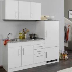 Küchenzeile Toto 180cm mit Kochfeld und Kühlschrank - weiß/marmoriert