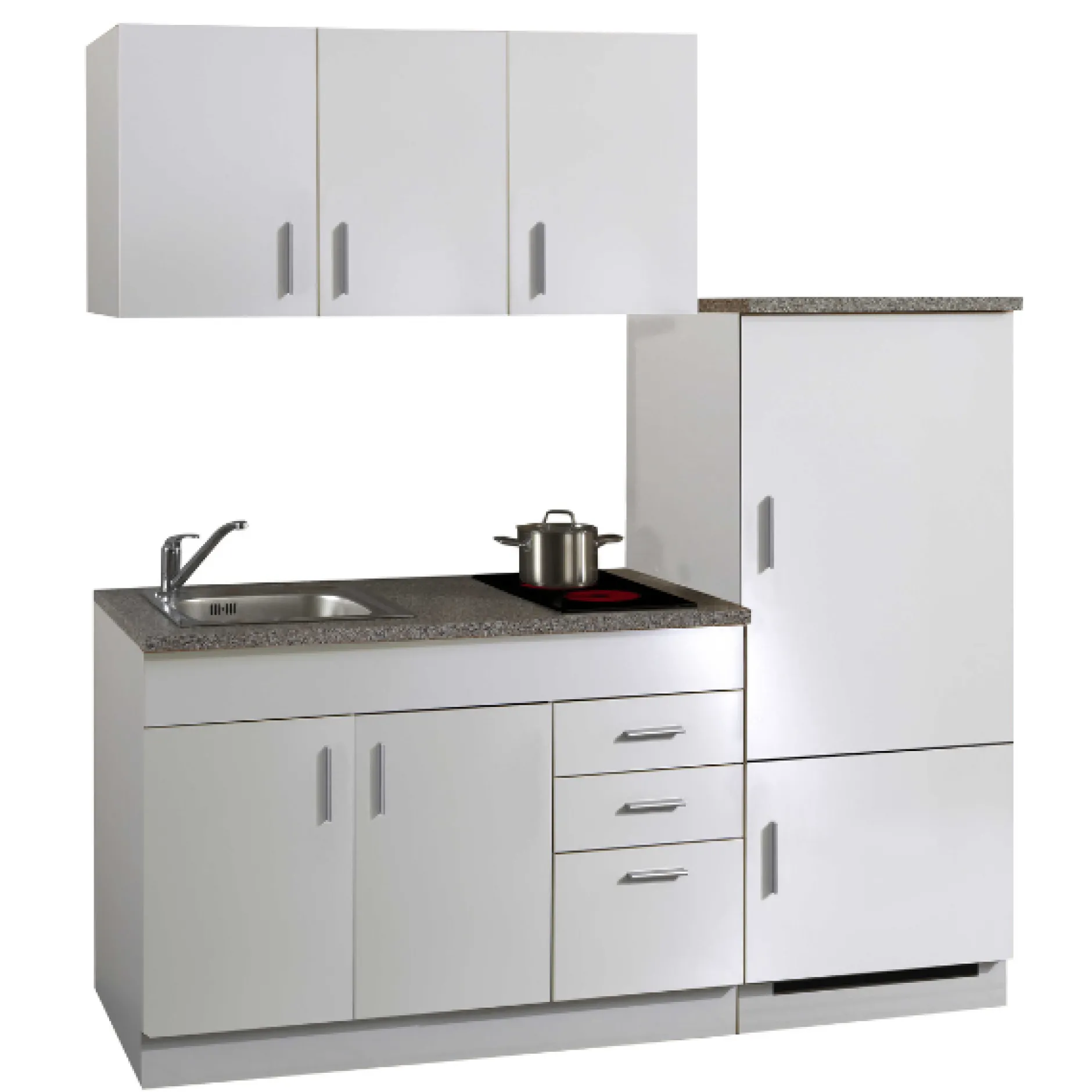 Küchenzeile Toto 180cm mit Kochfeld und Kühlschrank - weiß/marmoriert