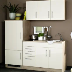 Küchenzeile Toto 180cm mit Kochfeld und Kühlschrank - Hochglanz creme