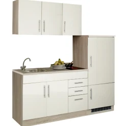 Küchenzeile Toto 180cm mit Kochfeld und Kühlschrank - Hochglanz creme