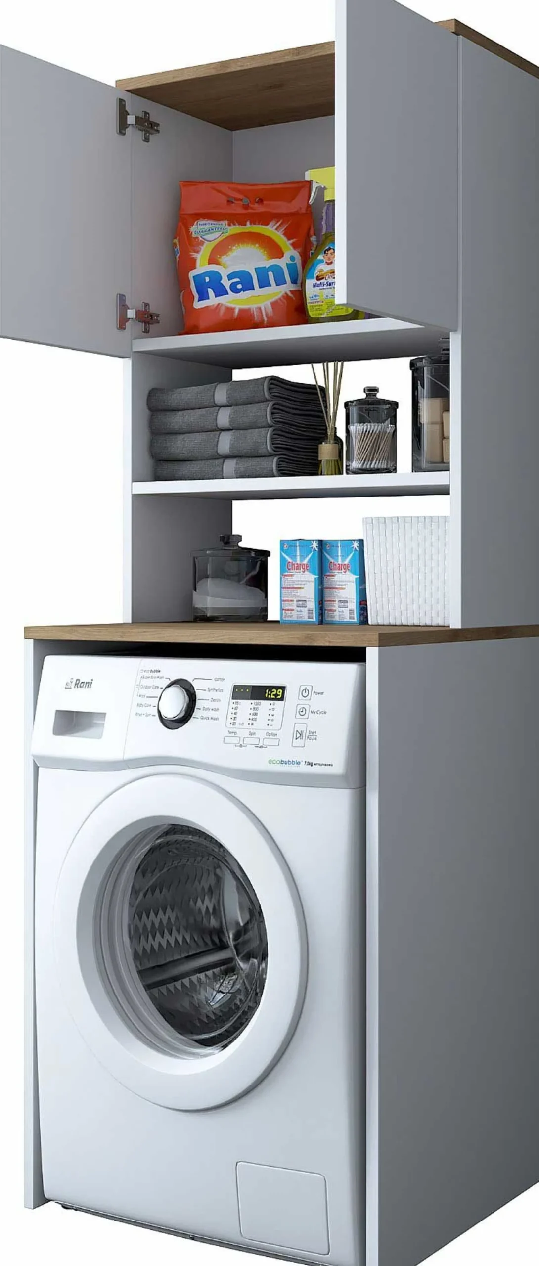 KD101 Waschmaschinenschrank | 100 % MELAMIN | Weiß, Walnuss