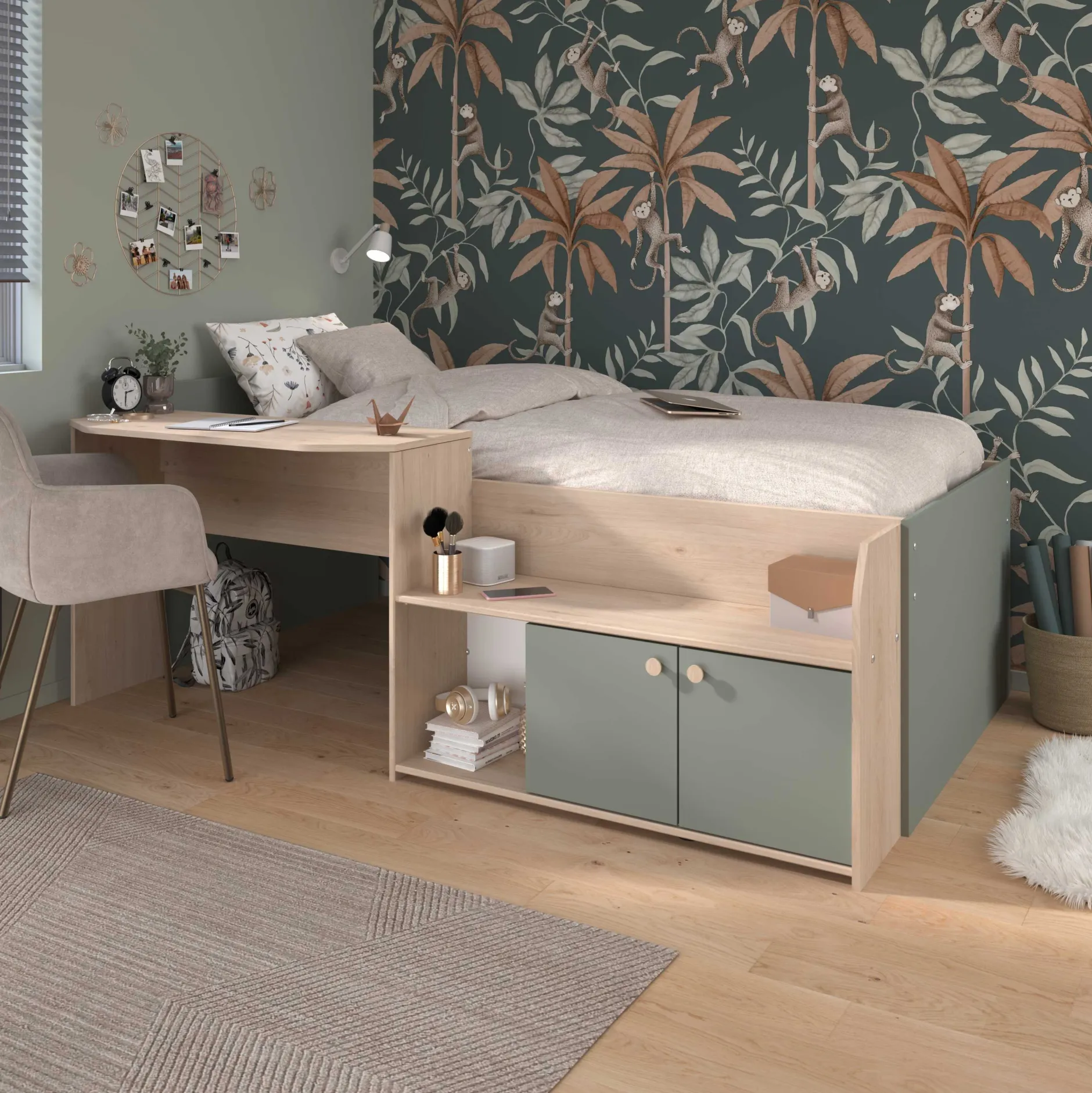 Kinderbett Jada - 90x200cm - mit Schreibtisch und Stauraum - Eichendekor/grün