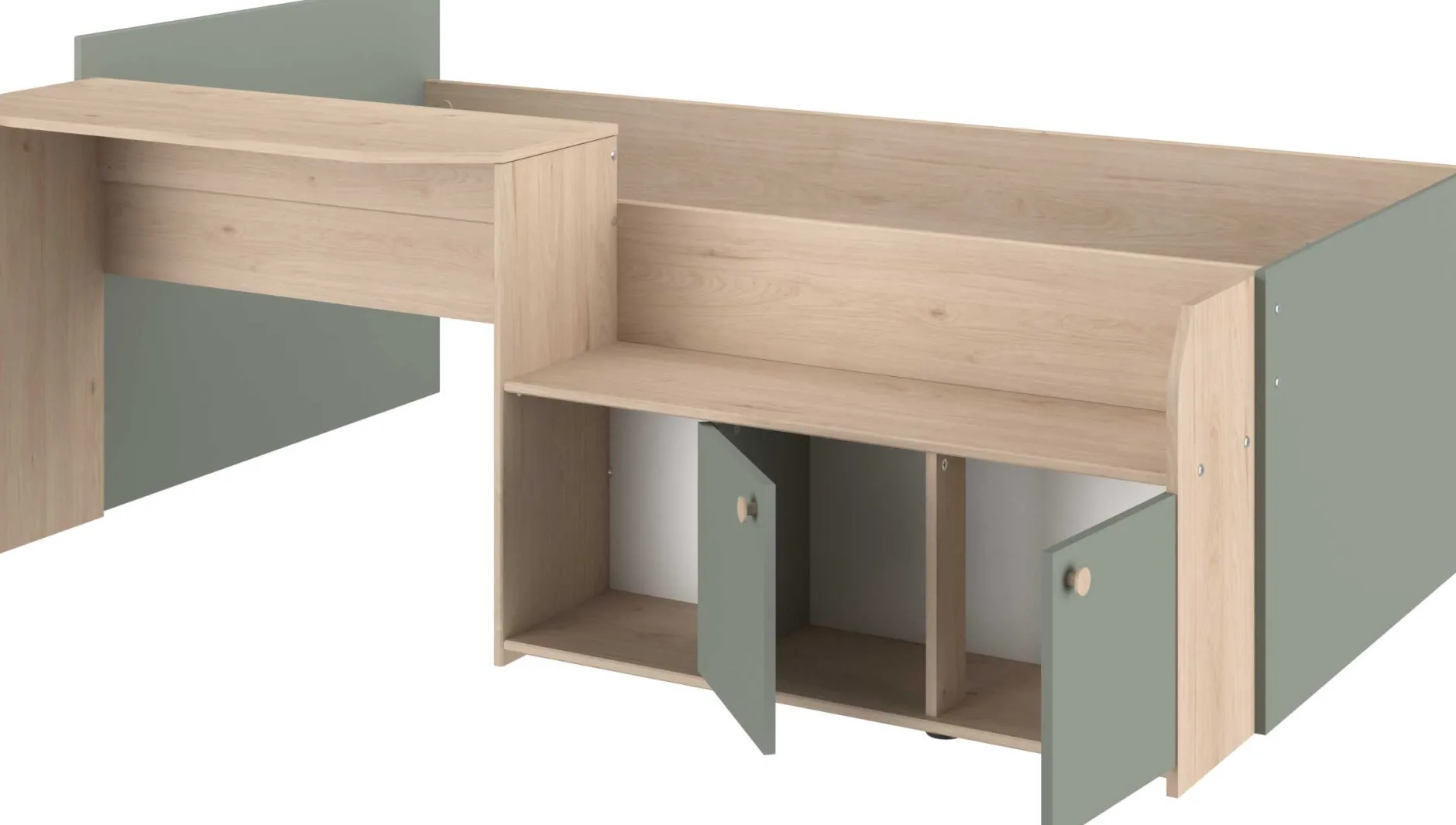 Kinderbett Jada - 90x200cm - mit Schreibtisch und Stauraum - Eichendekor/grün