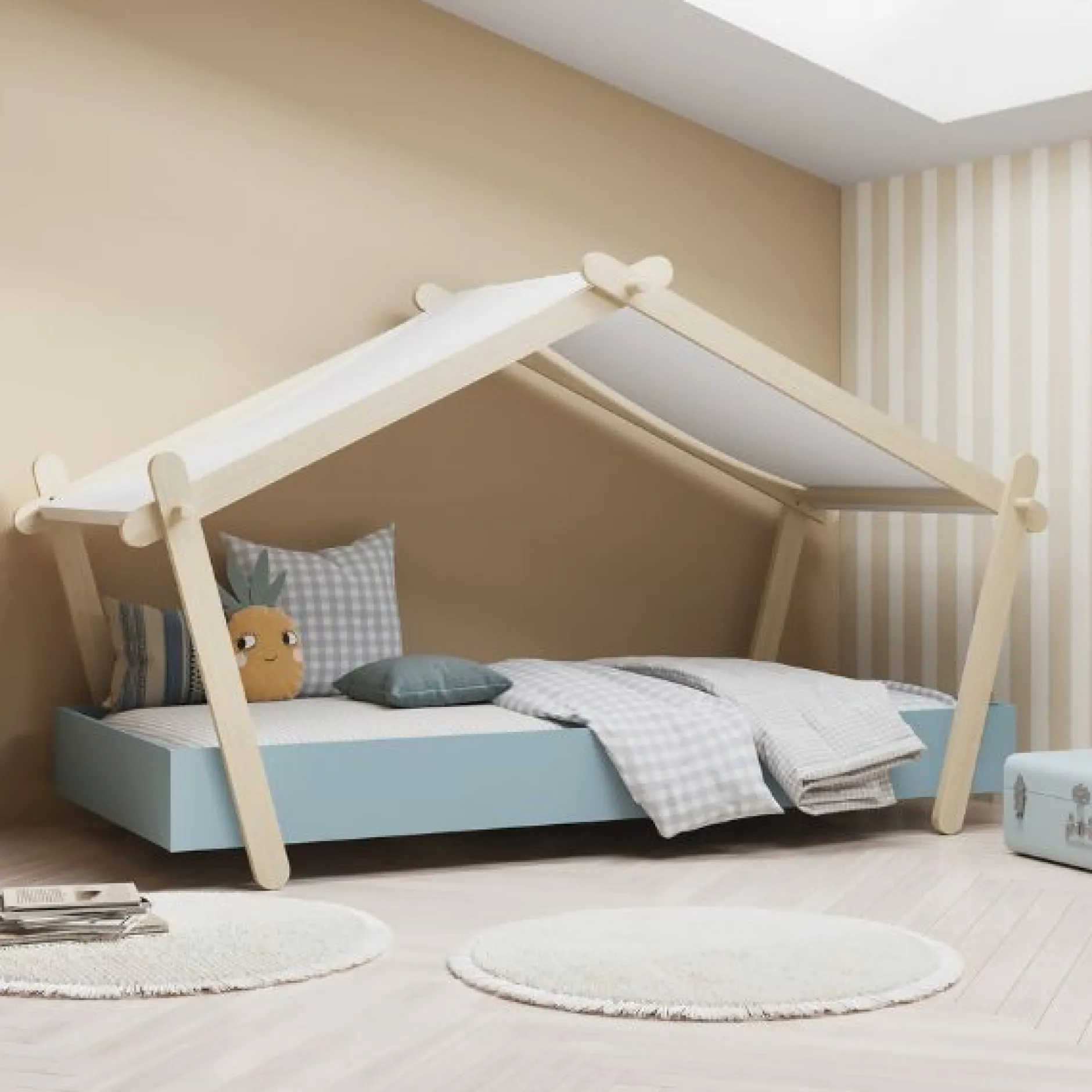 Kinderbett Lodge | 223,2 x 105,5 x 129,7 cm | Blau-Weiß