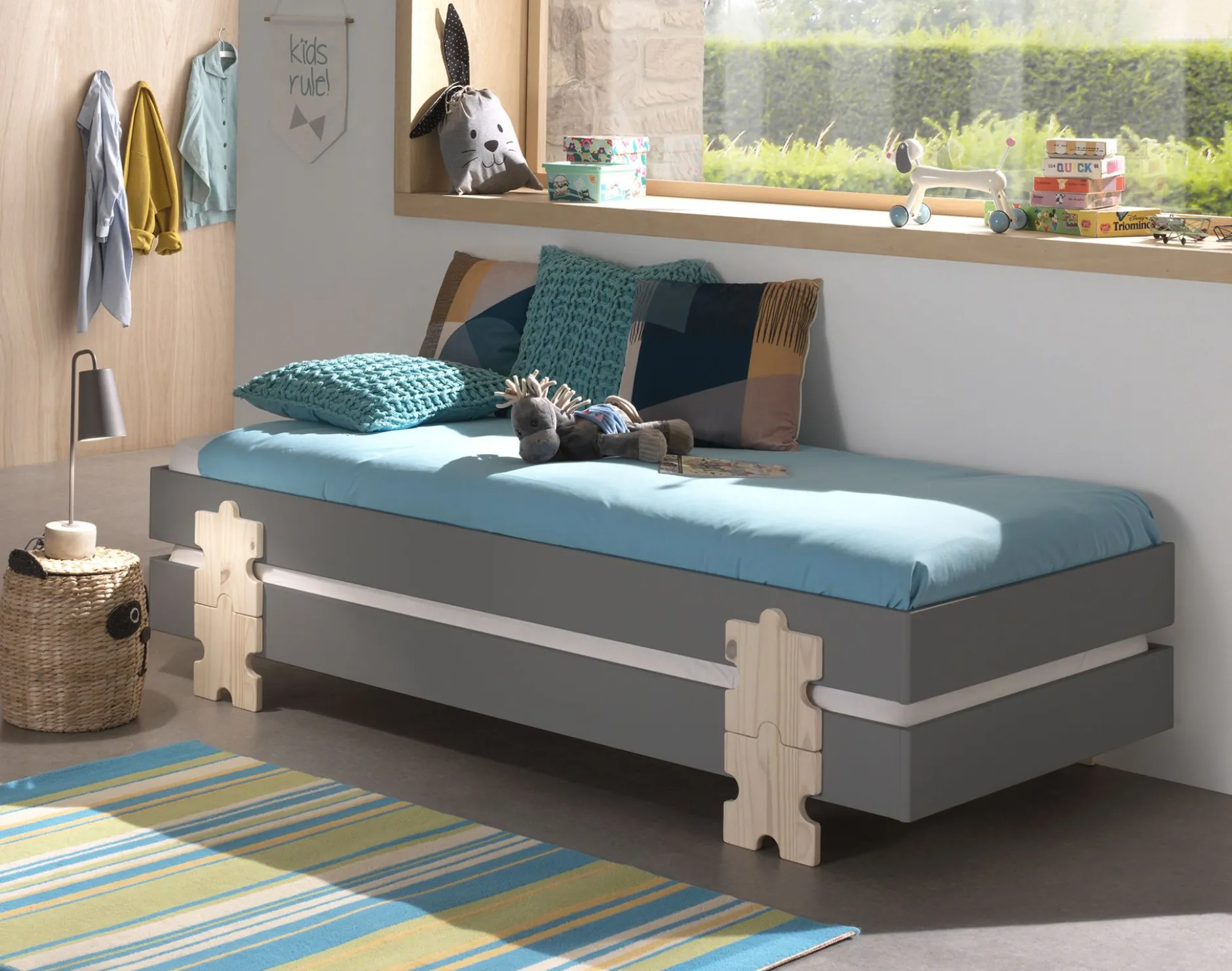Kinderbett Modulo Puzzle 90x200 stapelbar 4er-Set - anthrazit/Kiefer