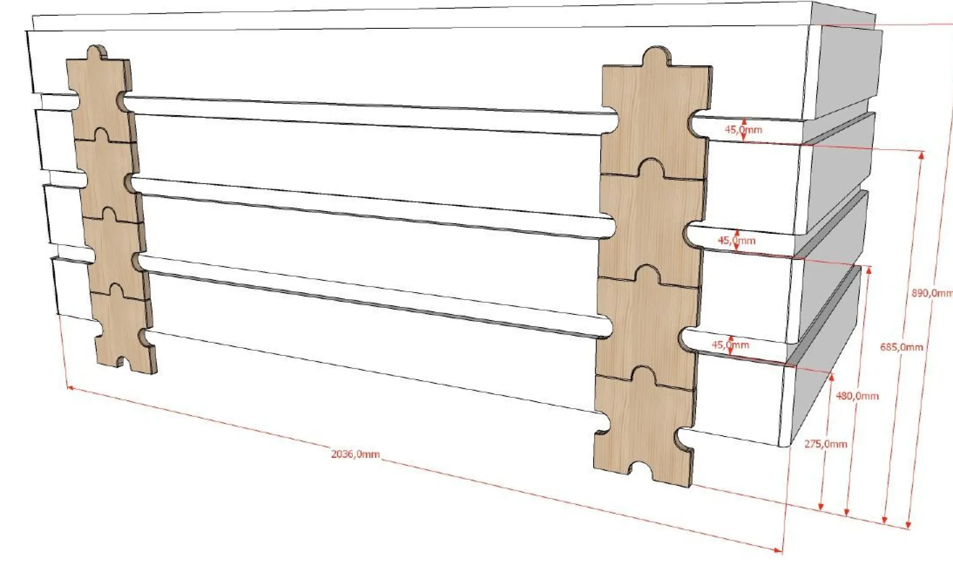 Kinderbett Modulo Puzzle 90x200 stapelbar 2er-Set - weiß/Kieferholz