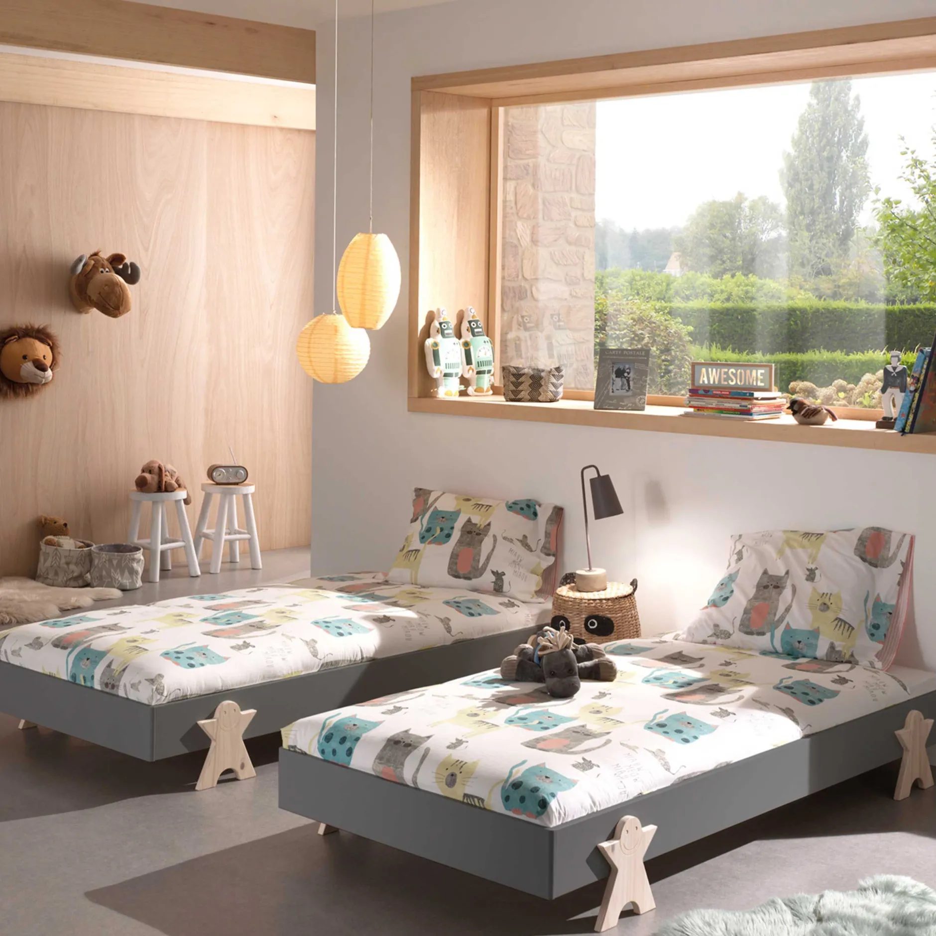 Kinderbett Modulo Smiley 90x200 stapelbar 2er Set - anthrazit/Kieferholz