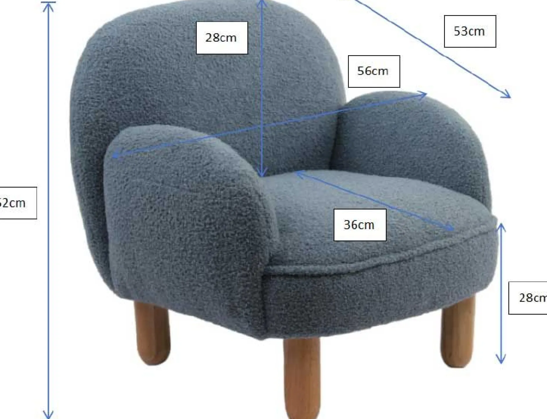 Kindersessel Rocky - 56x54x49cm - blauer Bouclé-Stoff