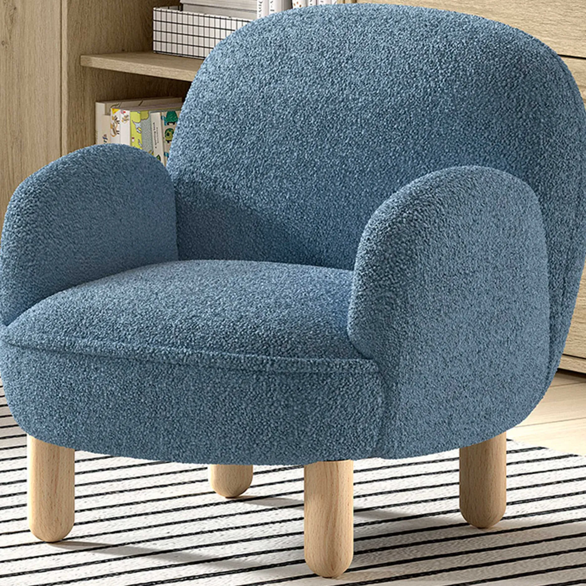 Kindersessel Rocky - 56x54x49cm - blauer Bouclé-Stoff