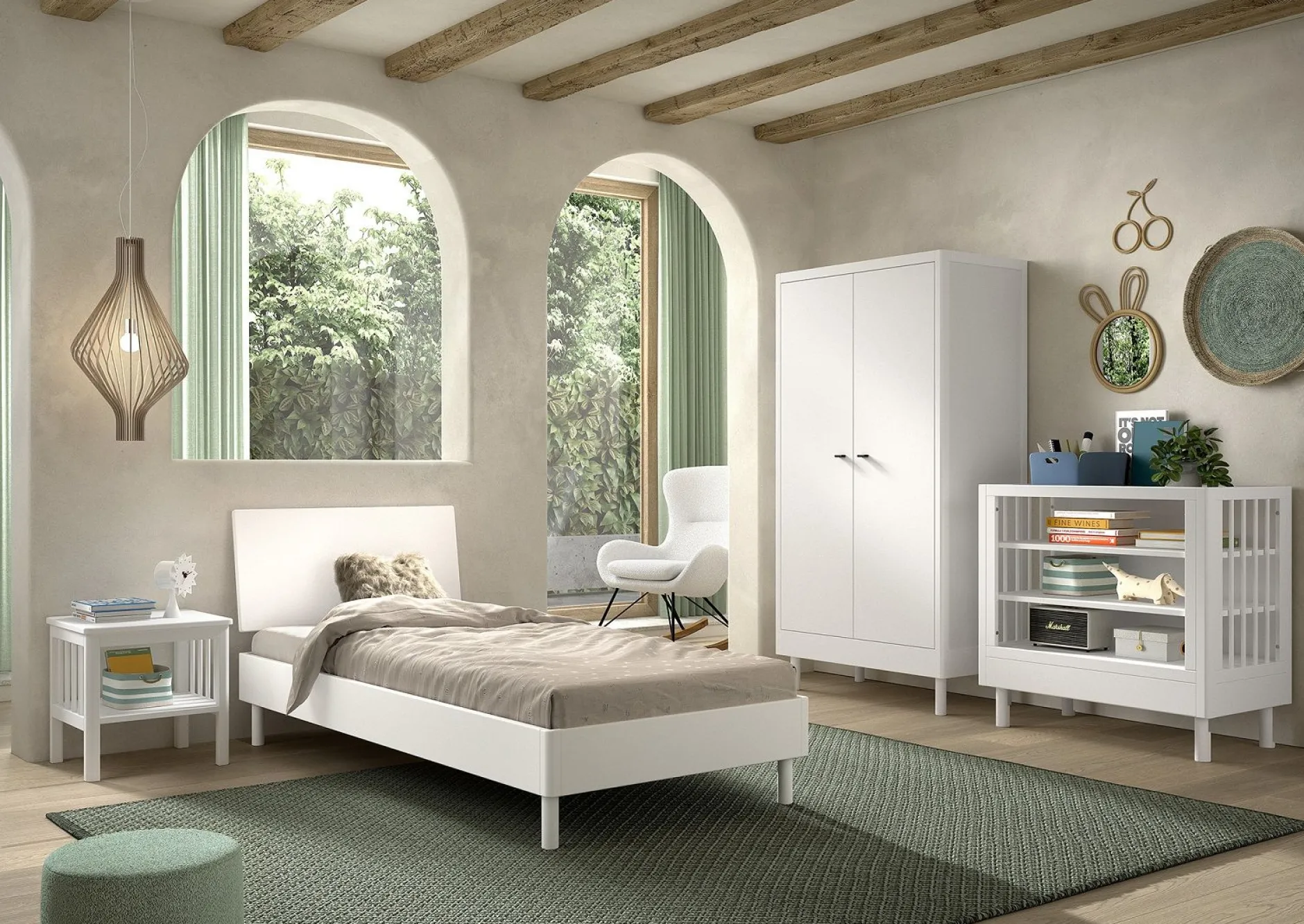 Kinderzimmer Forrest: Nachttisch, Bett 90x200, Kleiderschrank, Regal - Weißbuche