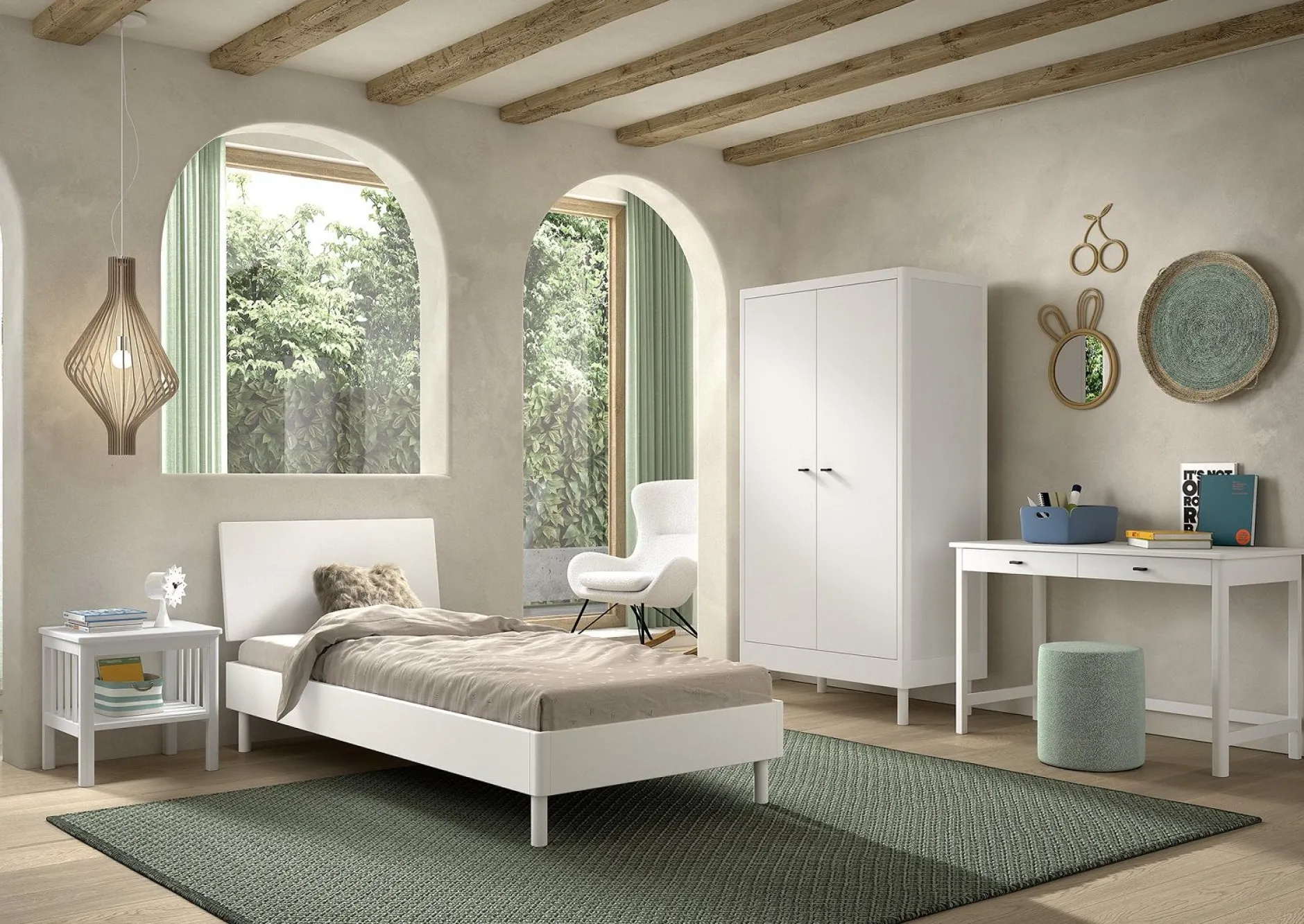 Kinderzimmer Forrest: Nachttisch, Bett 90x200, Kleiderschrank, Schreibtisch - Weißbuche