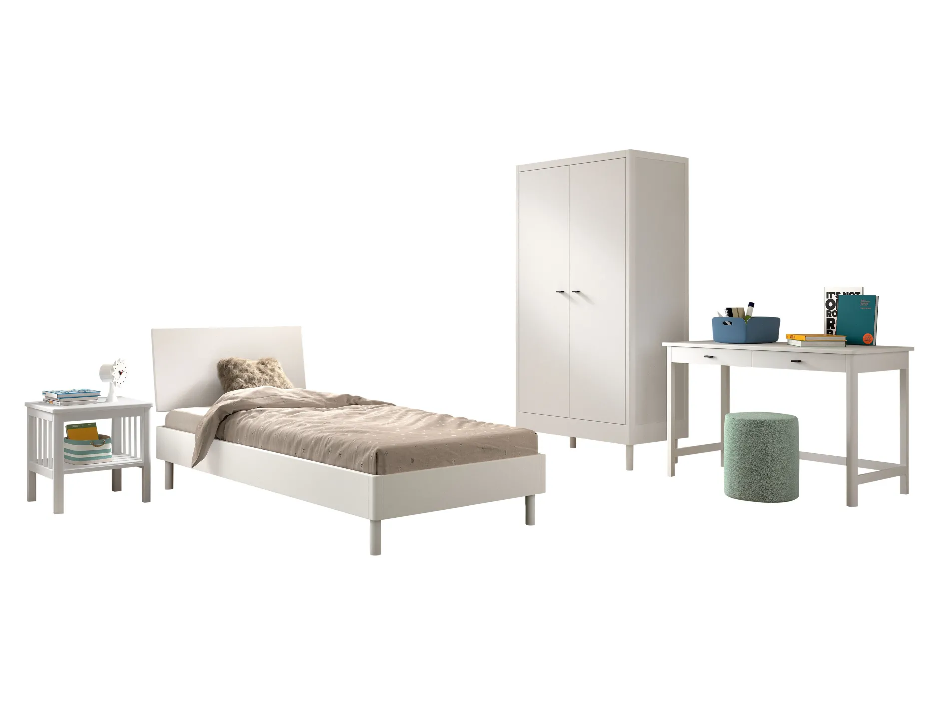 Kinderzimmer Forrest: Nachttisch, Bett 90x200, Kleiderschrank, Schreibtisch - Weißbuche