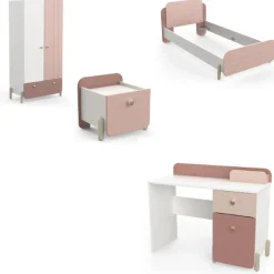 Kinderzimmer Janne: Bett 90x200cm, Nachttisch, Kleiderschrank, Schreibtisch - rosa/weiß