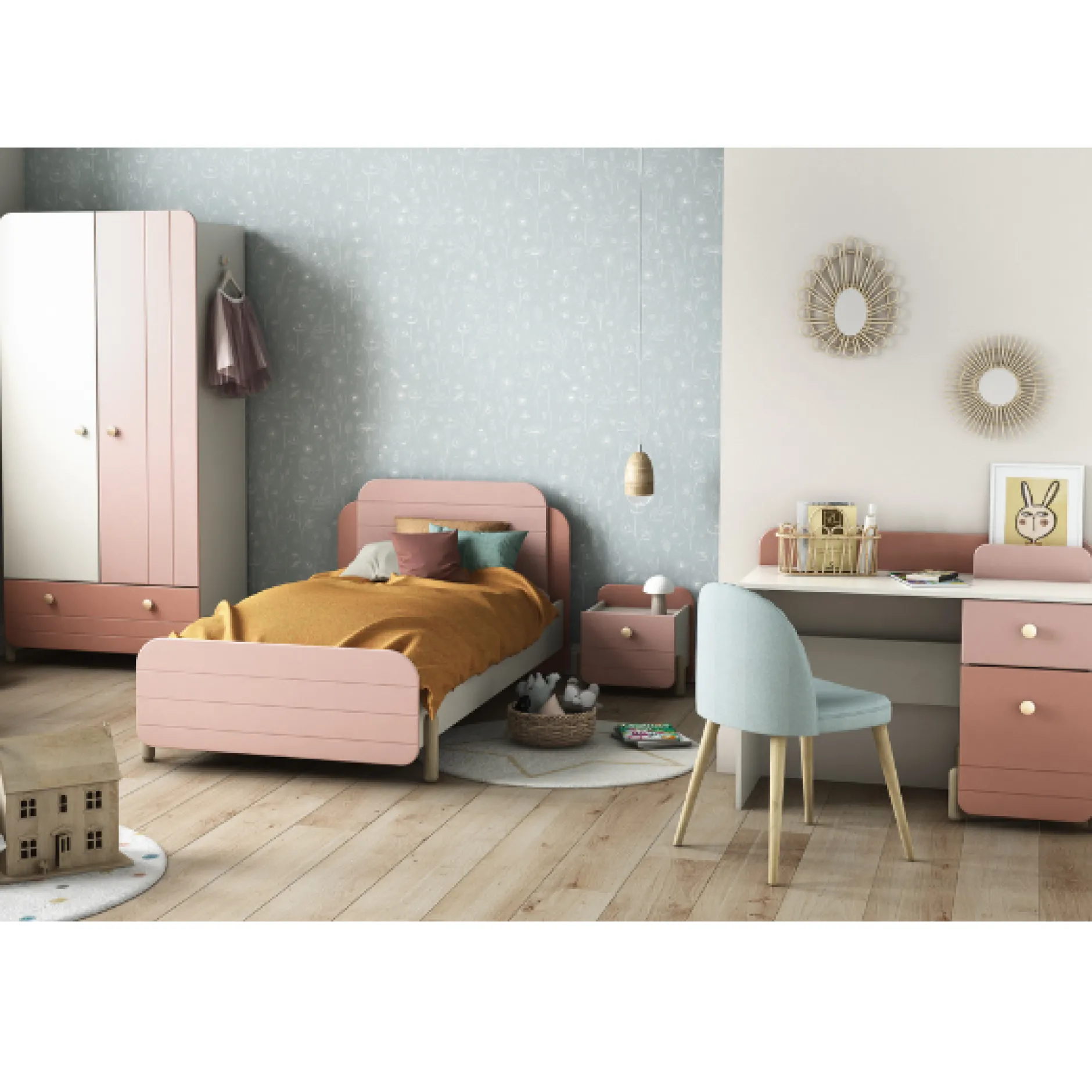Kinderzimmer Janne: Bett 90x200cm, Nachttisch, Kleiderschrank, Schreibtisch - rosa/weiß