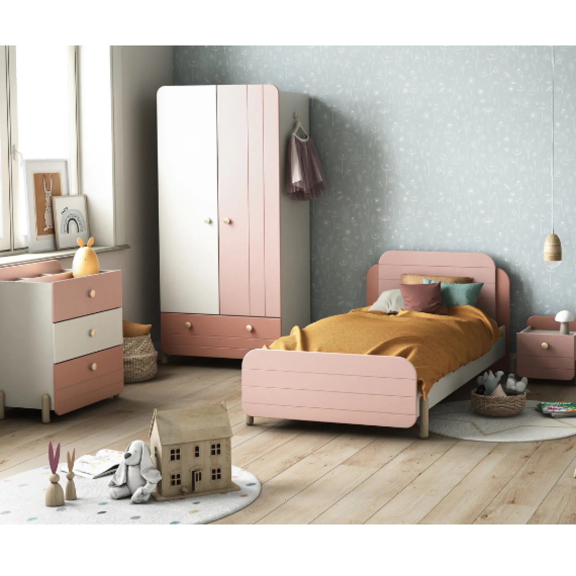 Kinderzimmer Janne: Bett 90x190cm, Nachttisch, Kommode, Kleiderschrank - rosa/weiß