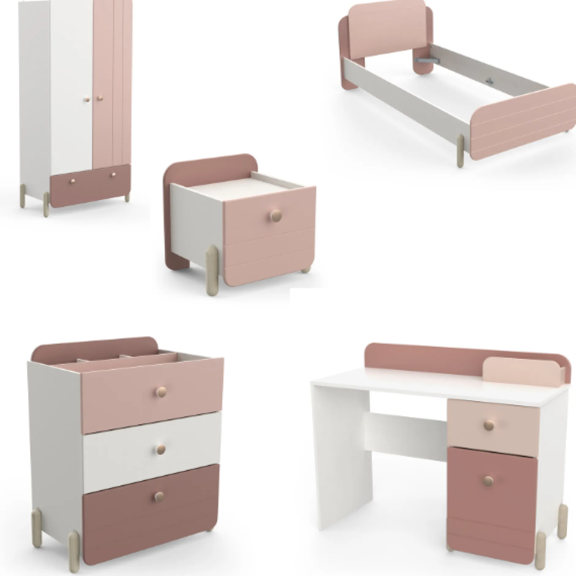Kinderzimmer Janne: Bett 90x190cm, Nachttisch, Kommode, Kleiderschrank, Schreibtisch - rosa/weiss