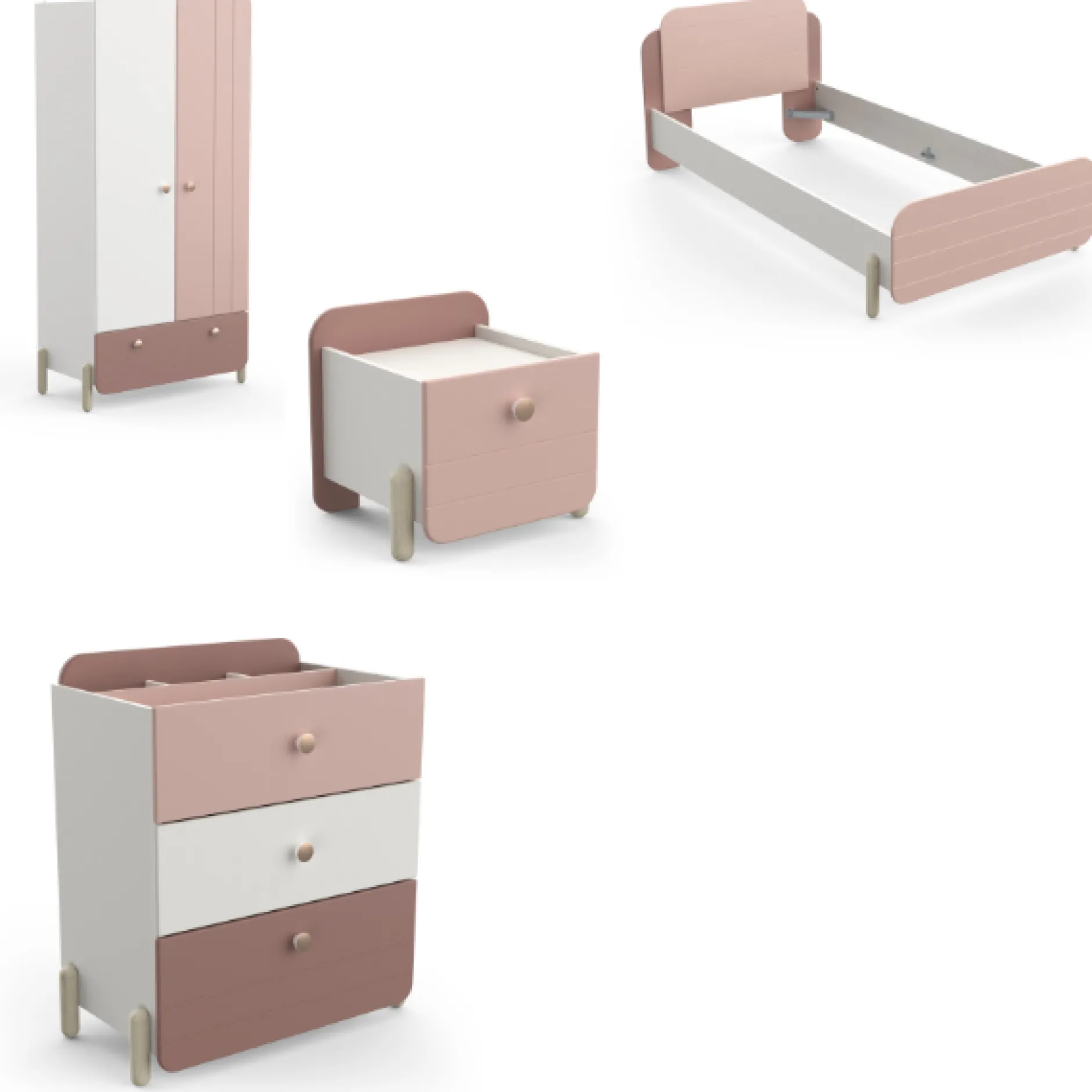 Kinderzimmer Janne: Bett 90x200cm, Nachttisch, Kommode, Kleiderschrank - rosa/weiß