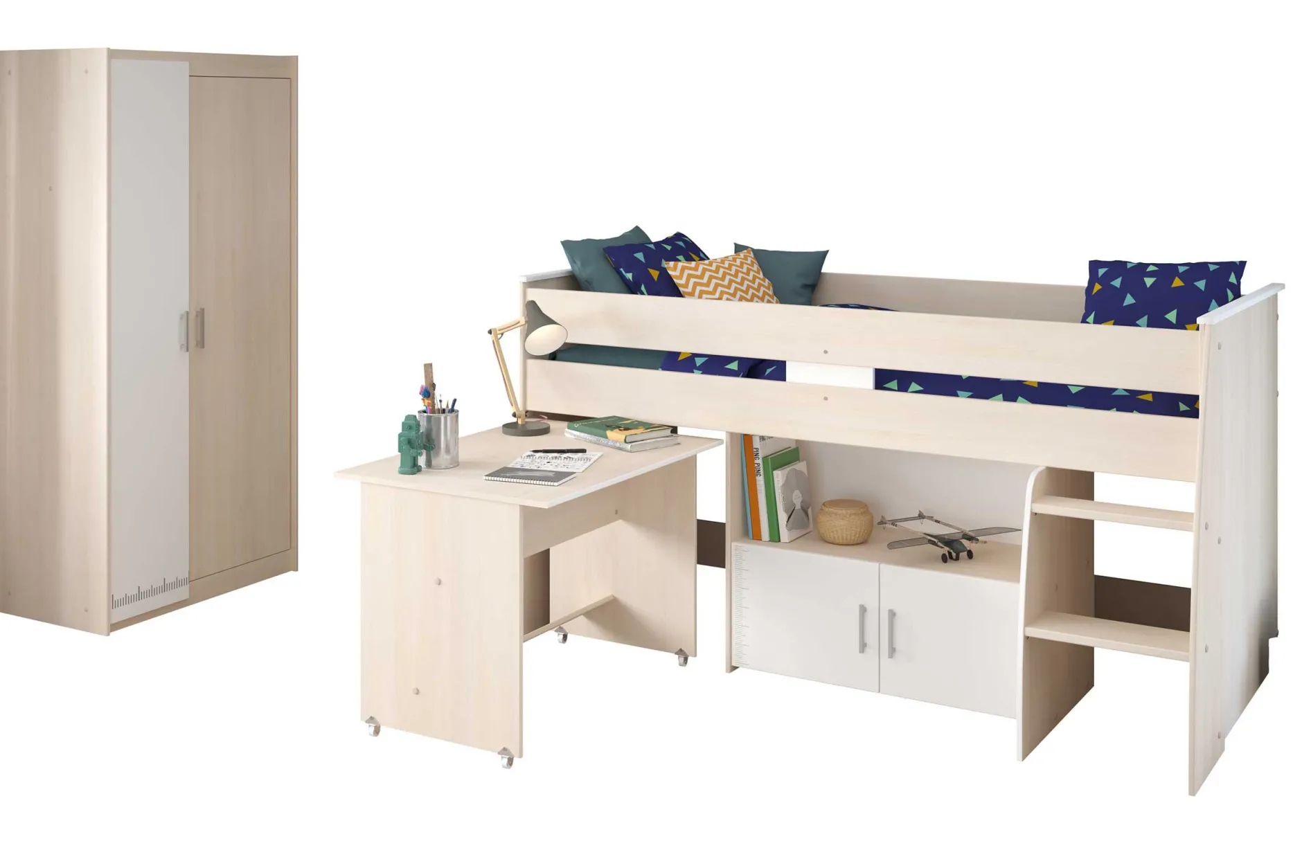 Kinderzimmerkombination Charly 90x200 | Halbhohes Bett und Kleiderschrank