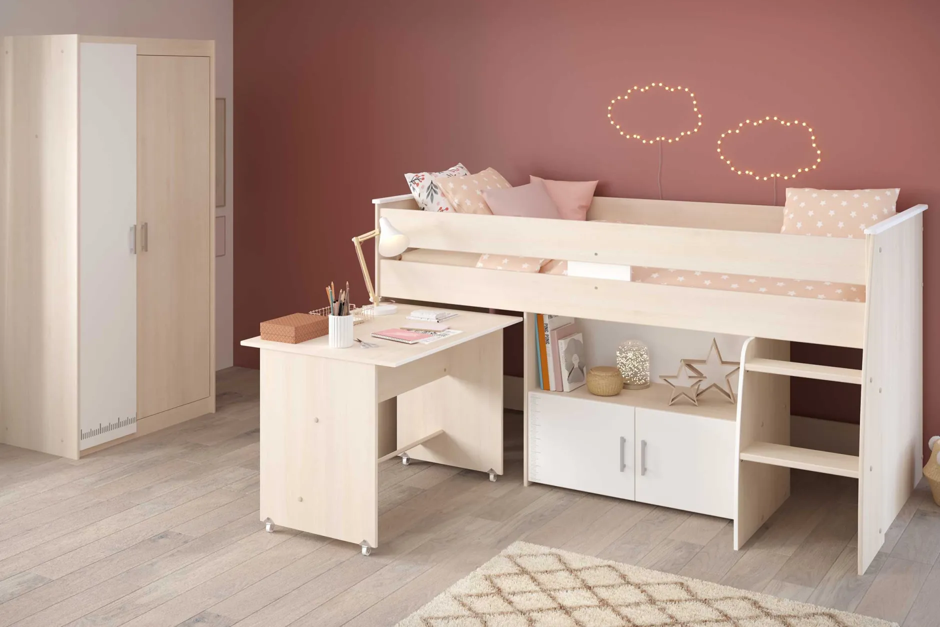 Kinderzimmerkombination Charly 90x200 | Halbhohes Bett und Kleiderschrank