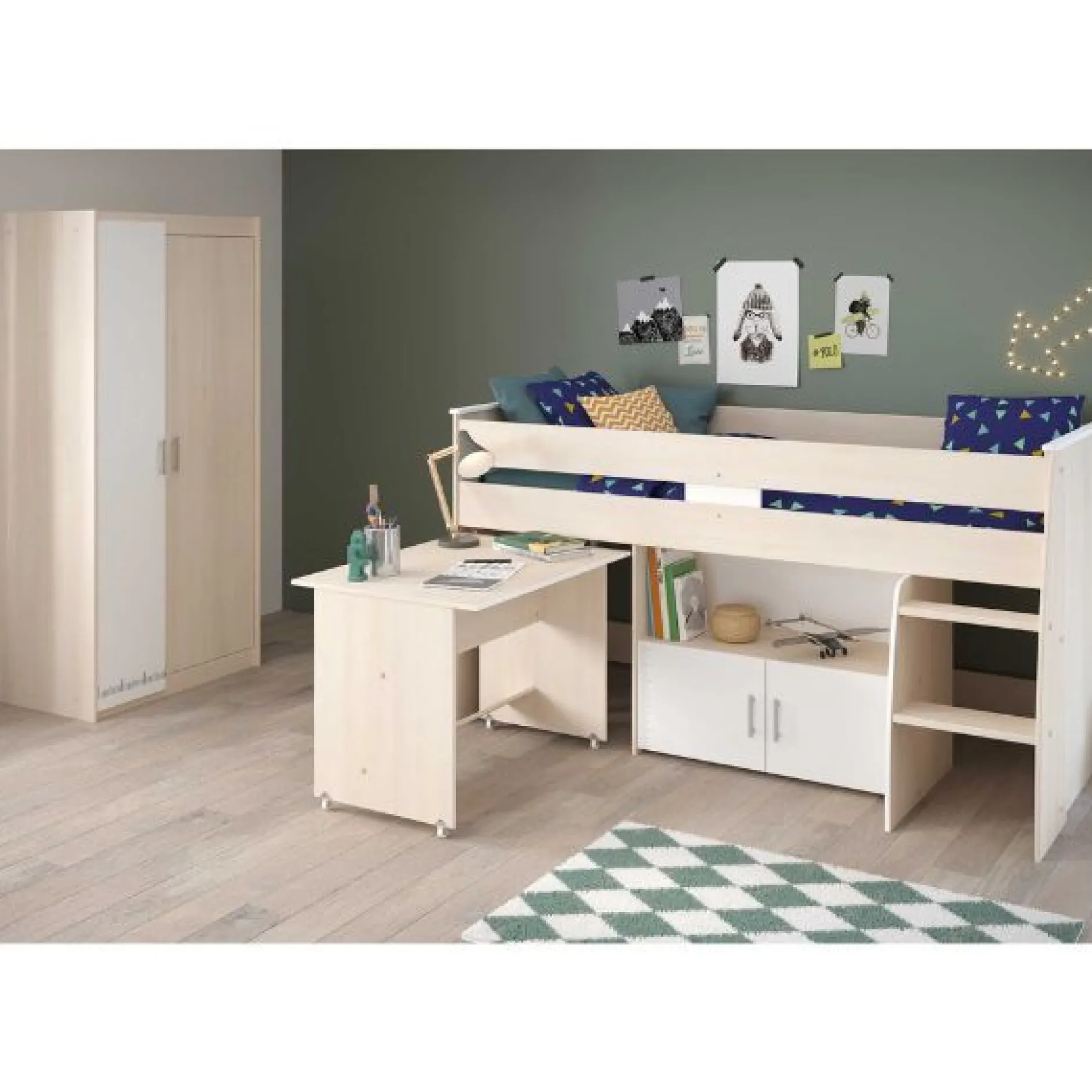 Kinderzimmerkombination Charly 90x200 | Halbhohes Bett und Kleiderschrank