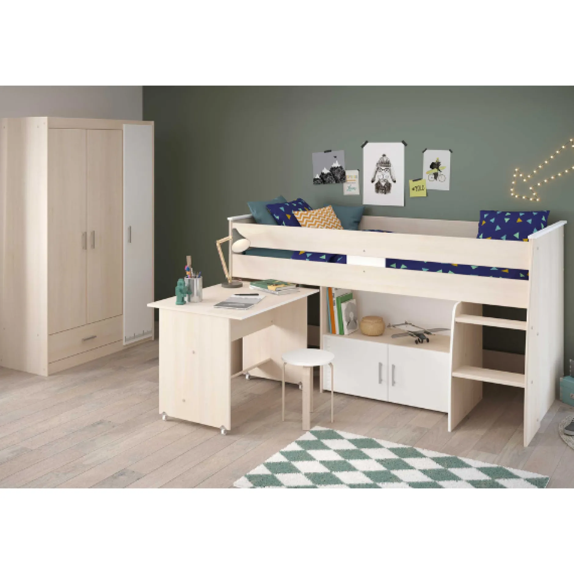 Kinderzimmerkombination Charly 90x200 | Halbhohes Bett und Kleiderschrank