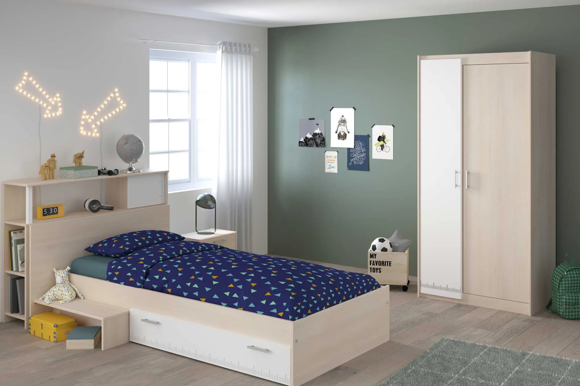 Kinderzimmerkombination Charly 90x200 | Kinderbett, Rückenteil, Nachttisch, Kleiderschrank, Kommode