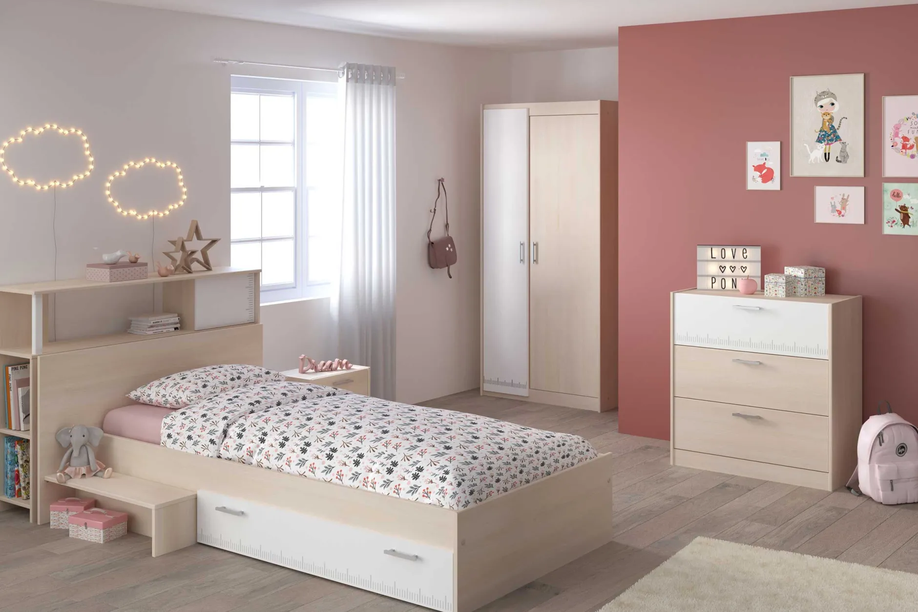 Kinderzimmerkombination Charly 90x200 | Kinderbett, Rückenteil, Nachttisch, Kleiderschrank, Kommode