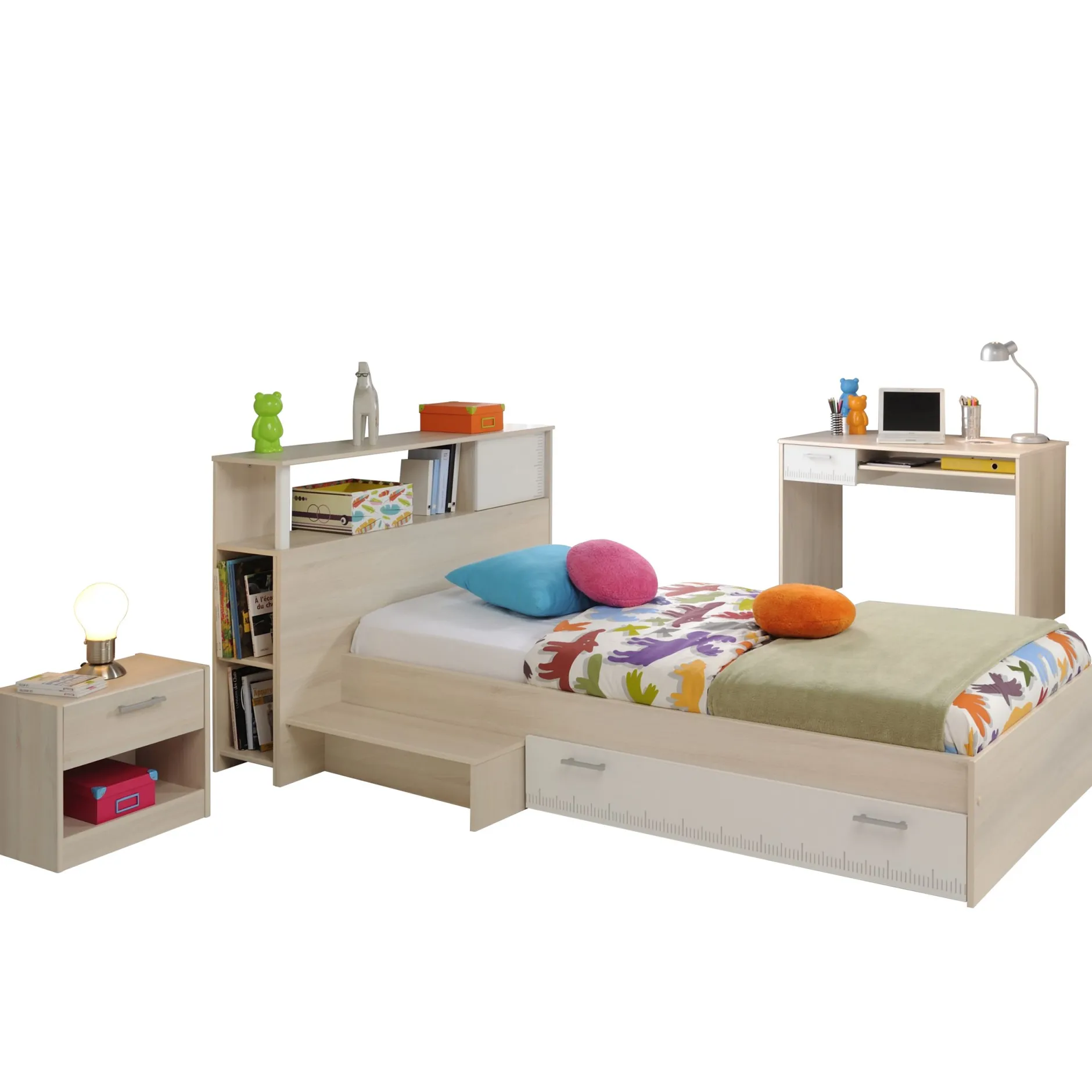 Kinderzimmerkombination Charly 90x200 | Kinderbett, Rückwand, Nachttisch, Schreibtisch