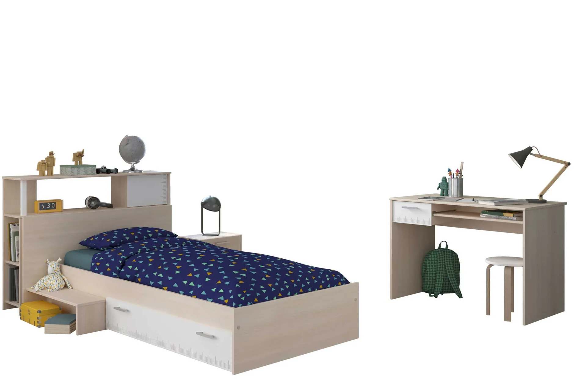 Kinderzimmerkombination Charly 90x200 | Kinderbett, Rückwand, Nachttisch, Schreibtisch