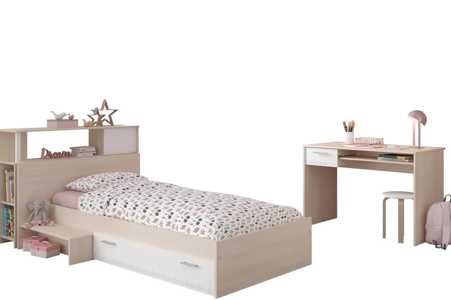 Kinderzimmerkombination Charly 90x190 | Kinderbett, Rückenteil, Schreibtisch