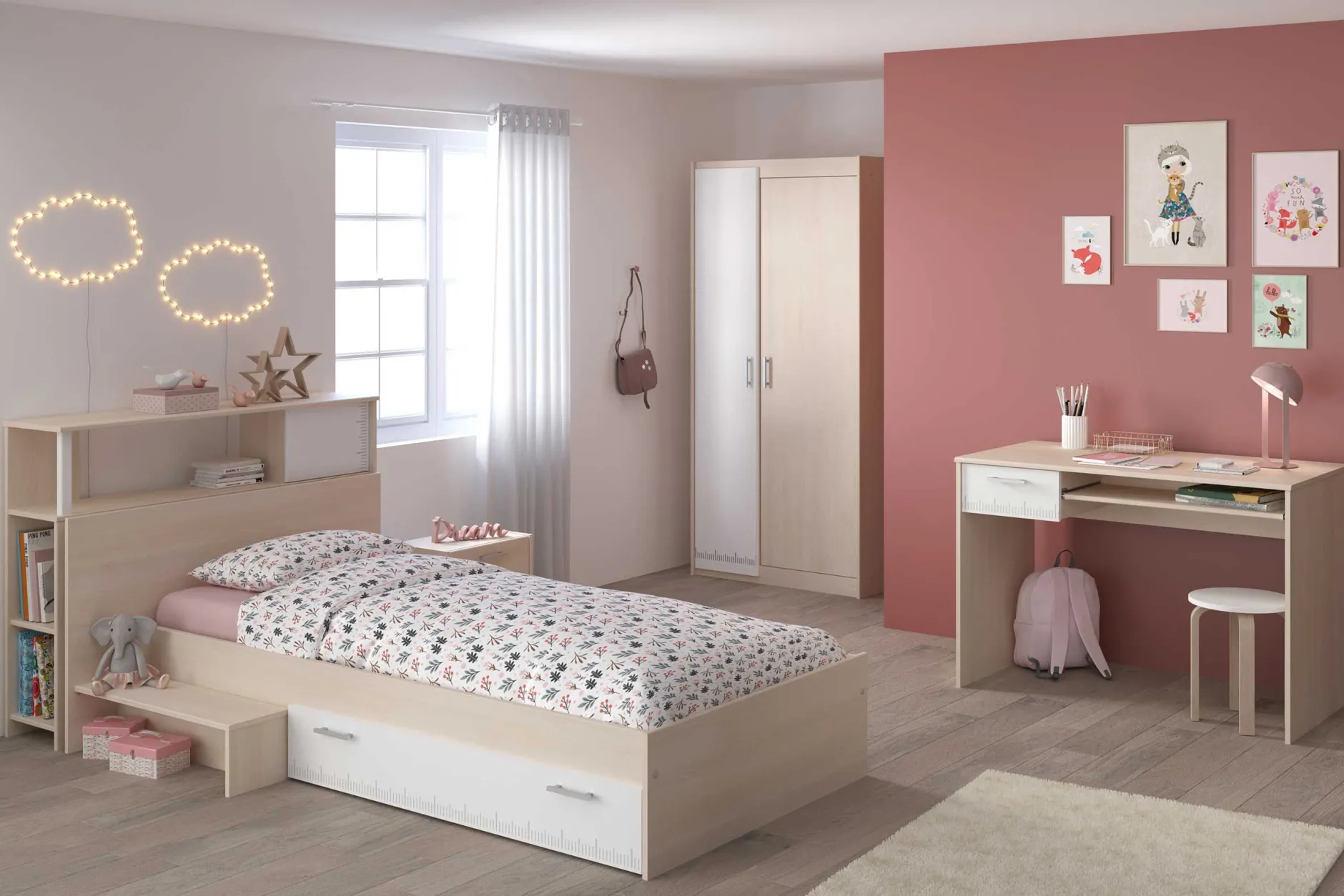Kinderzimmerkombination Charly 90x200 | Kinderbett, Rückenteil, Nachttisch, Kleiderschrank, Schreibtisch