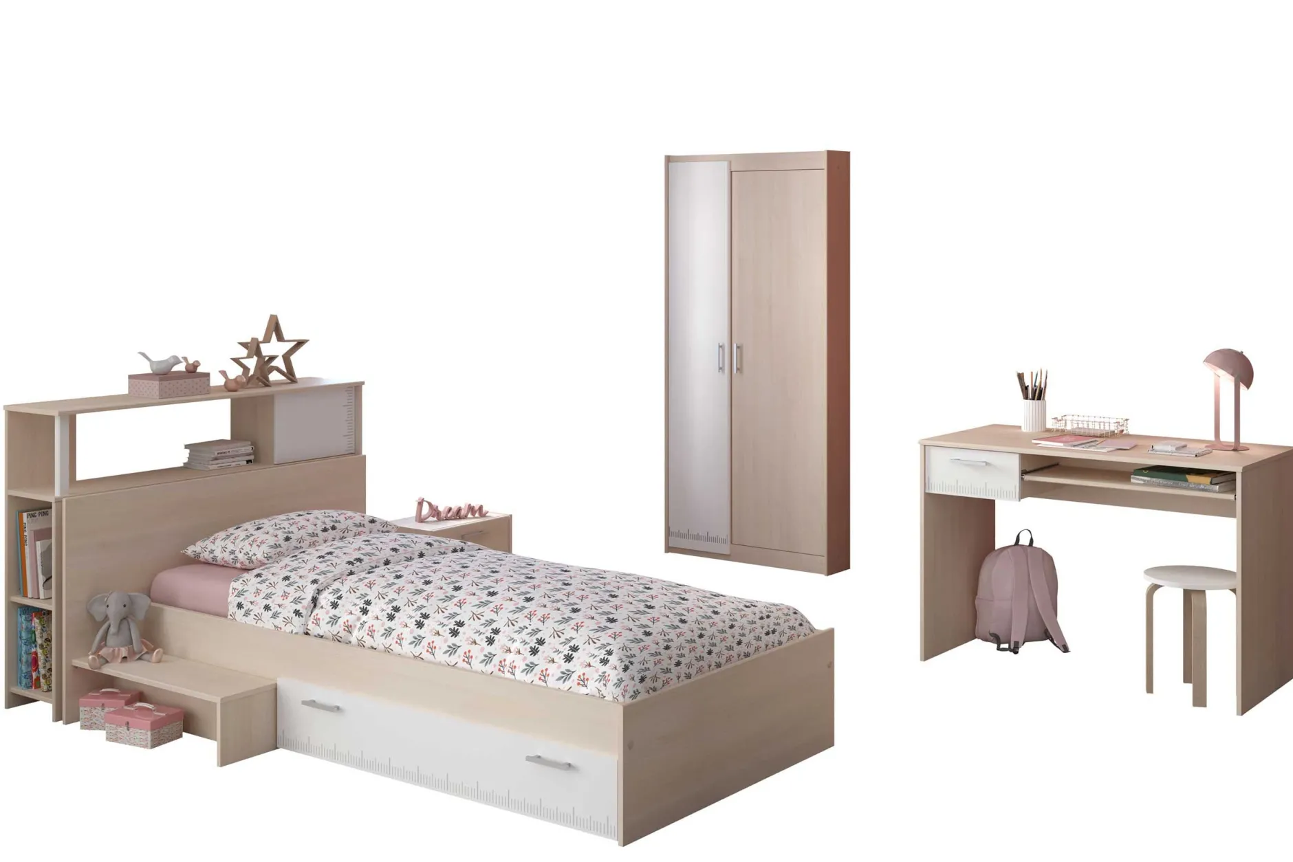 Kinderzimmerkombination Charly 90x200 | Kinderbett, Rückenteil, Nachttisch, Kleiderschrank, Schreibtisch