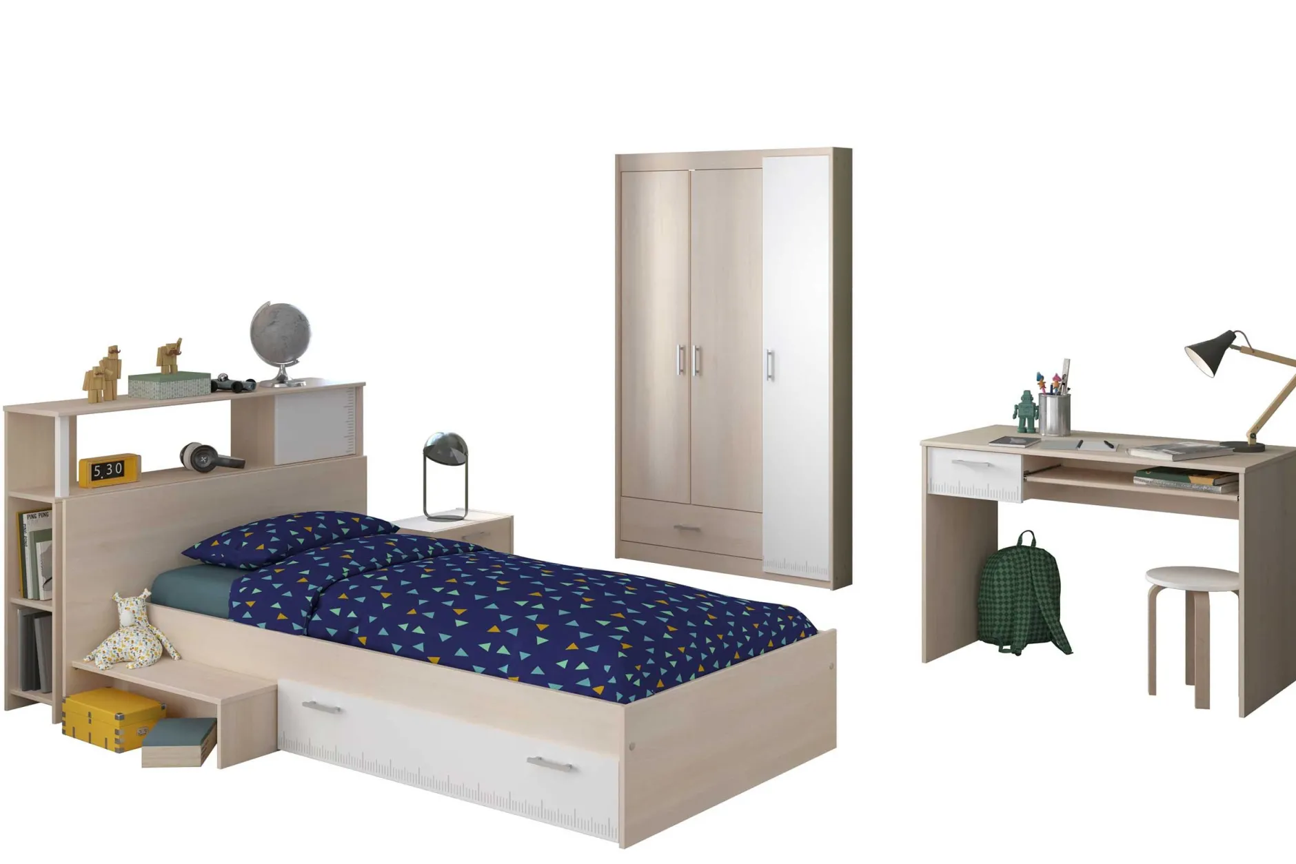Kinderzimmerkombination Charly 90x200 | Kinderbett, Rückenteil, Nachttisch, Kleiderschrank, Schreibtisch