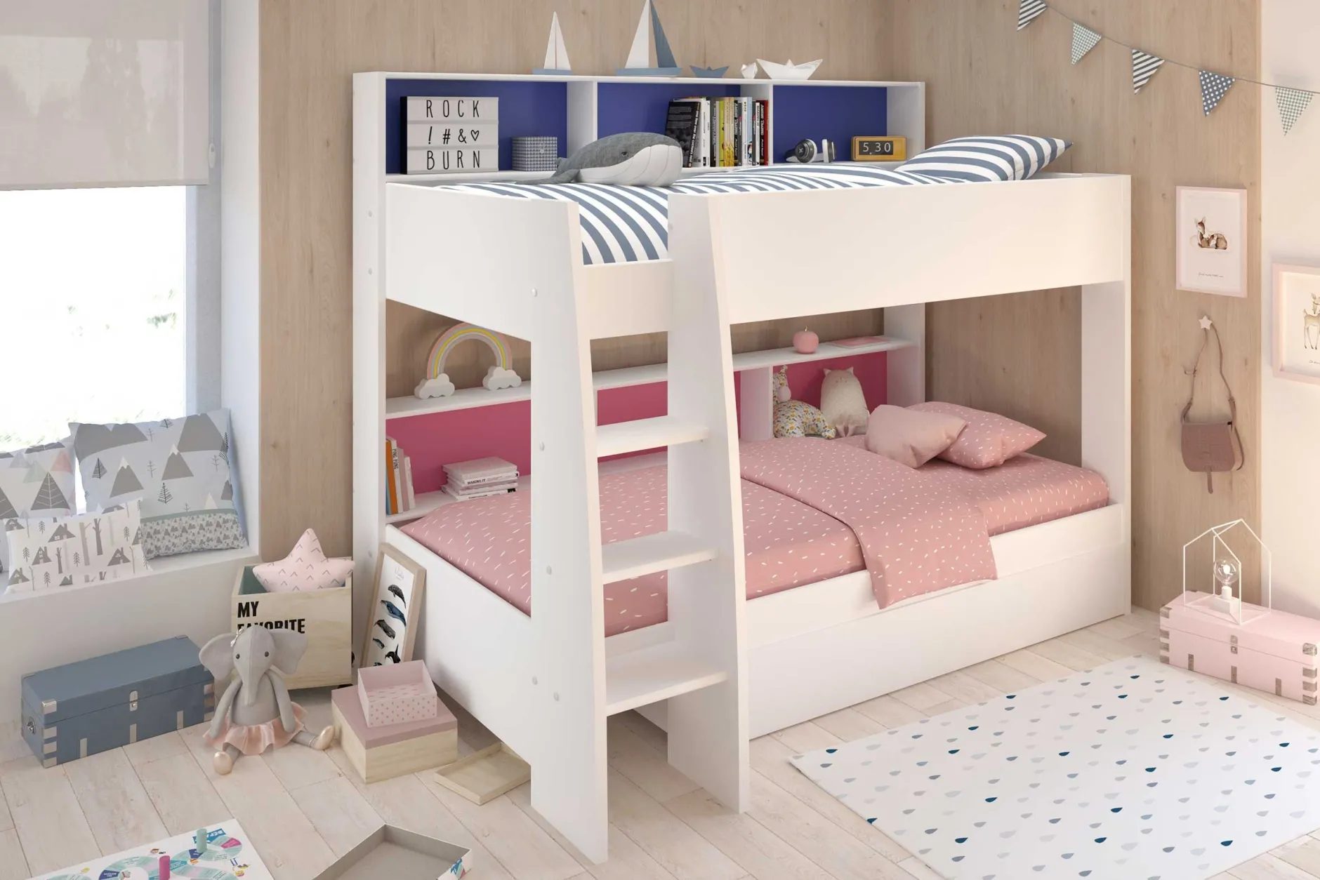 Kinderzimmerkombination Leo/Galaxy | Etagenbett, Bett-Schubladen-Set, Kleiderschrank